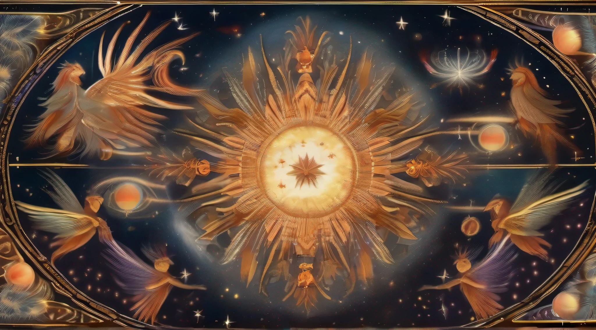 An ancient mural depicting a grand celestial scene, celestial beings adorned with vibrant feathers and glowing halos, dancing around a cosmic fire, against the backdrop of a shimmering night sky filled with constellations, conveying a sense of ethereal wonder and divine majesty, Illustration, digital art,