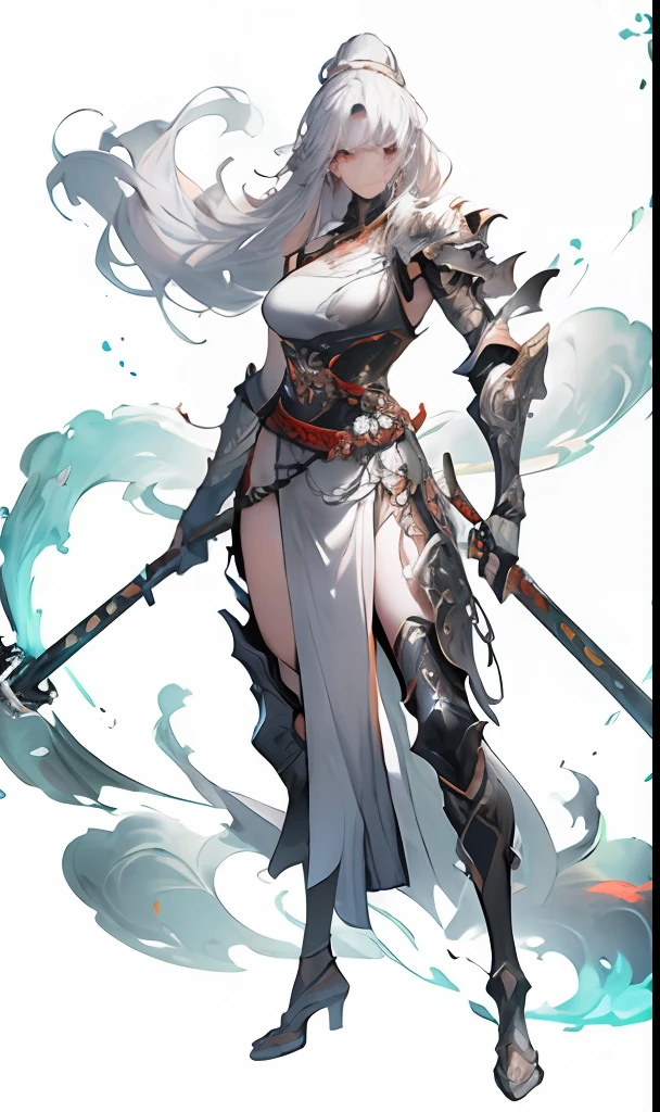 1Asianwoman, weapon, female focus, , long hair, , , holding sword, , , standing, armor, silver hair, sheath, belt, scabbard, shoulder armor, full body, smoke, jewelry, muscular, cinematic quality, high quality, high definition, high resolution, high detail, masterpiece