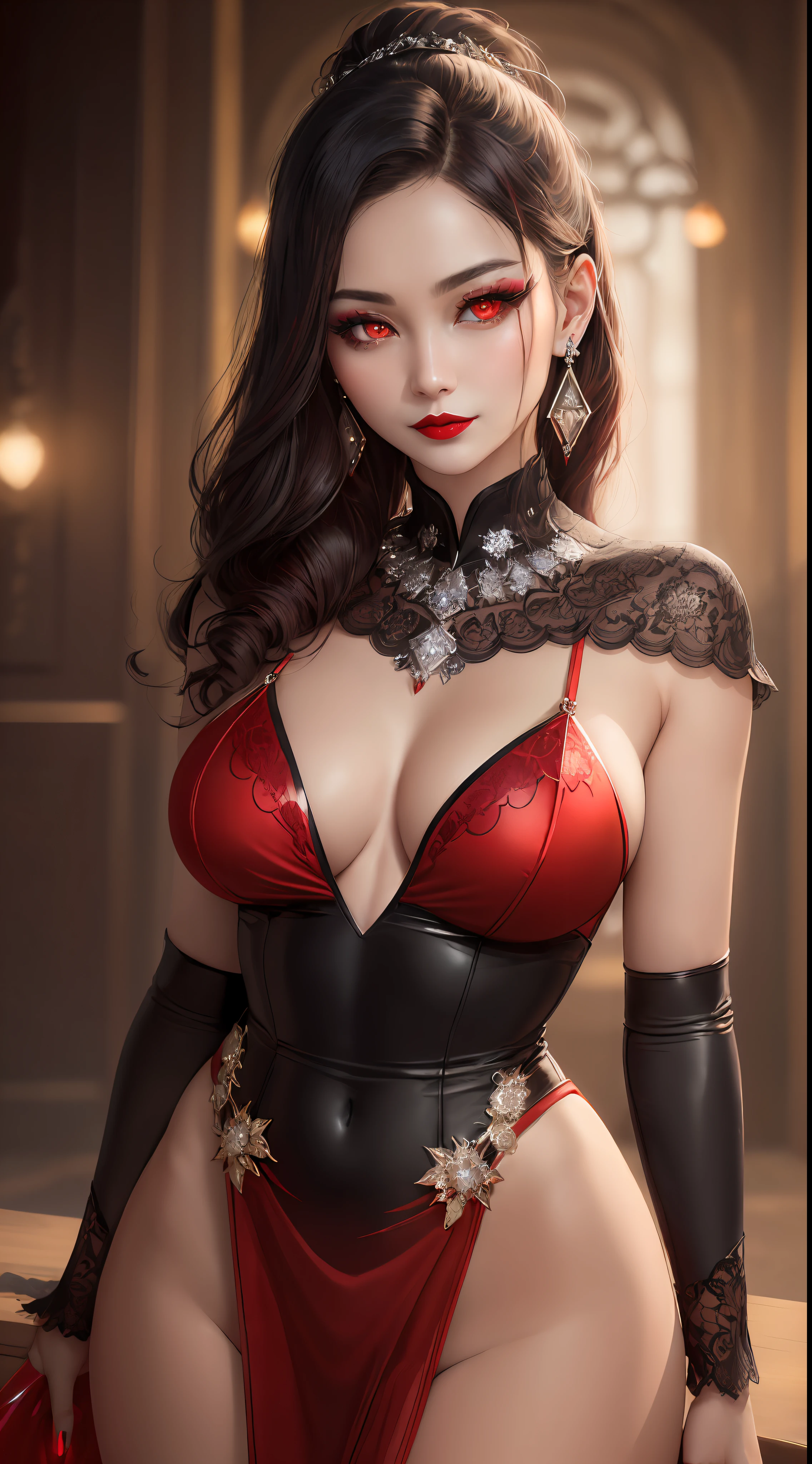 ((top-quality)), ((masterpiece)), (detaileds), (8K:1.1), (realisitic:1.5) Beautiful charm (1womanl:1.3), 详细的脸, hight resolution, extra detailed face, beautiful countenance, (Magic Red Glowing Eyes:1.5), (frosty appearance:1.2), (extremely detailed eye:1.4), (Beautiful fece:1.3), (Looking into the soul:1.3), (pale skin)、(cold smile)、(Diamond intricate earrings:1.2),, ((Dark red lipstick), make - up:1.1)、Black is the main costume