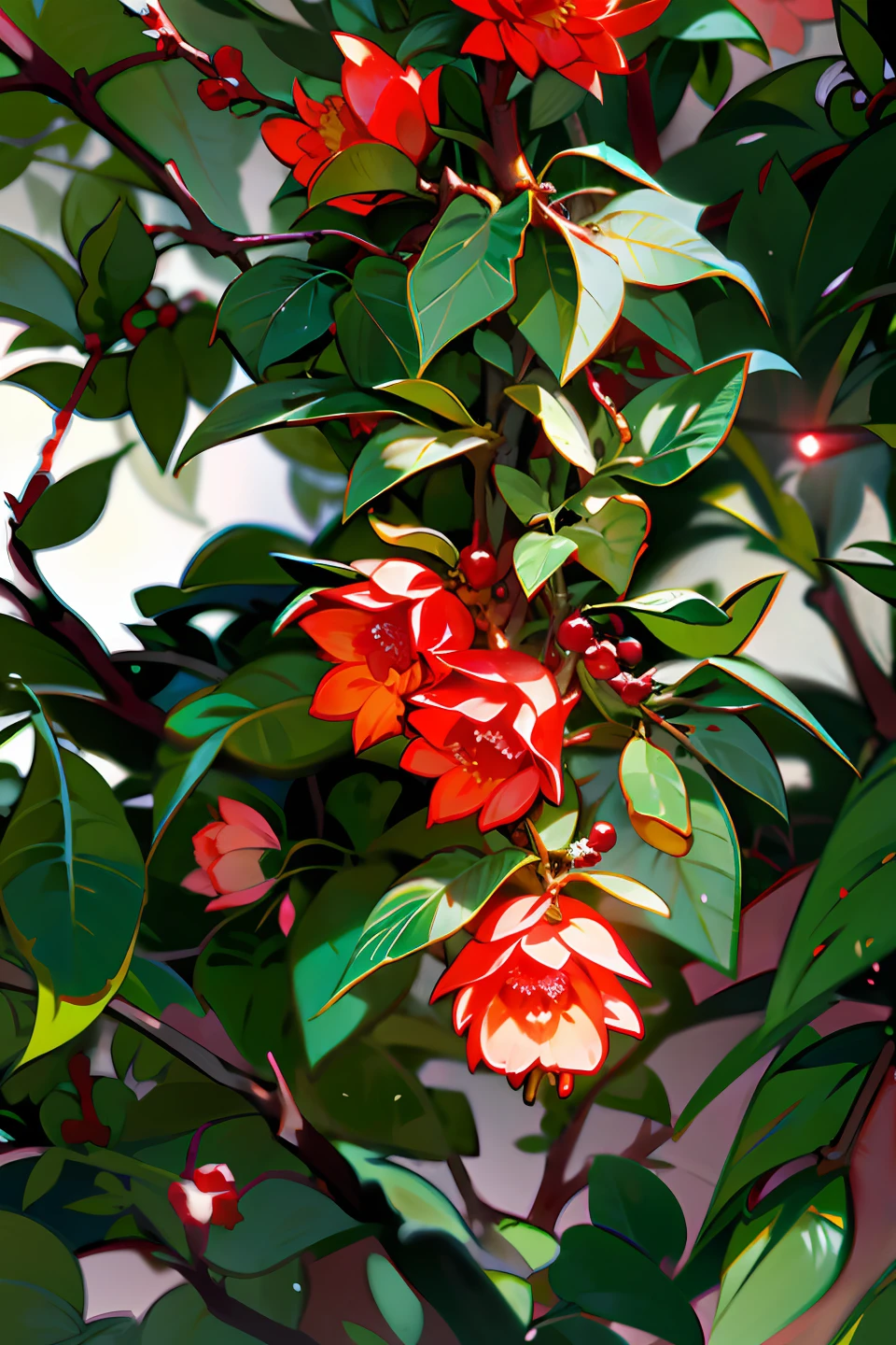 Red pomegranate flowers，Ancient wind，Chinese big breasts，pomegranate，florals，green leaf，Finer details，Movie lighting