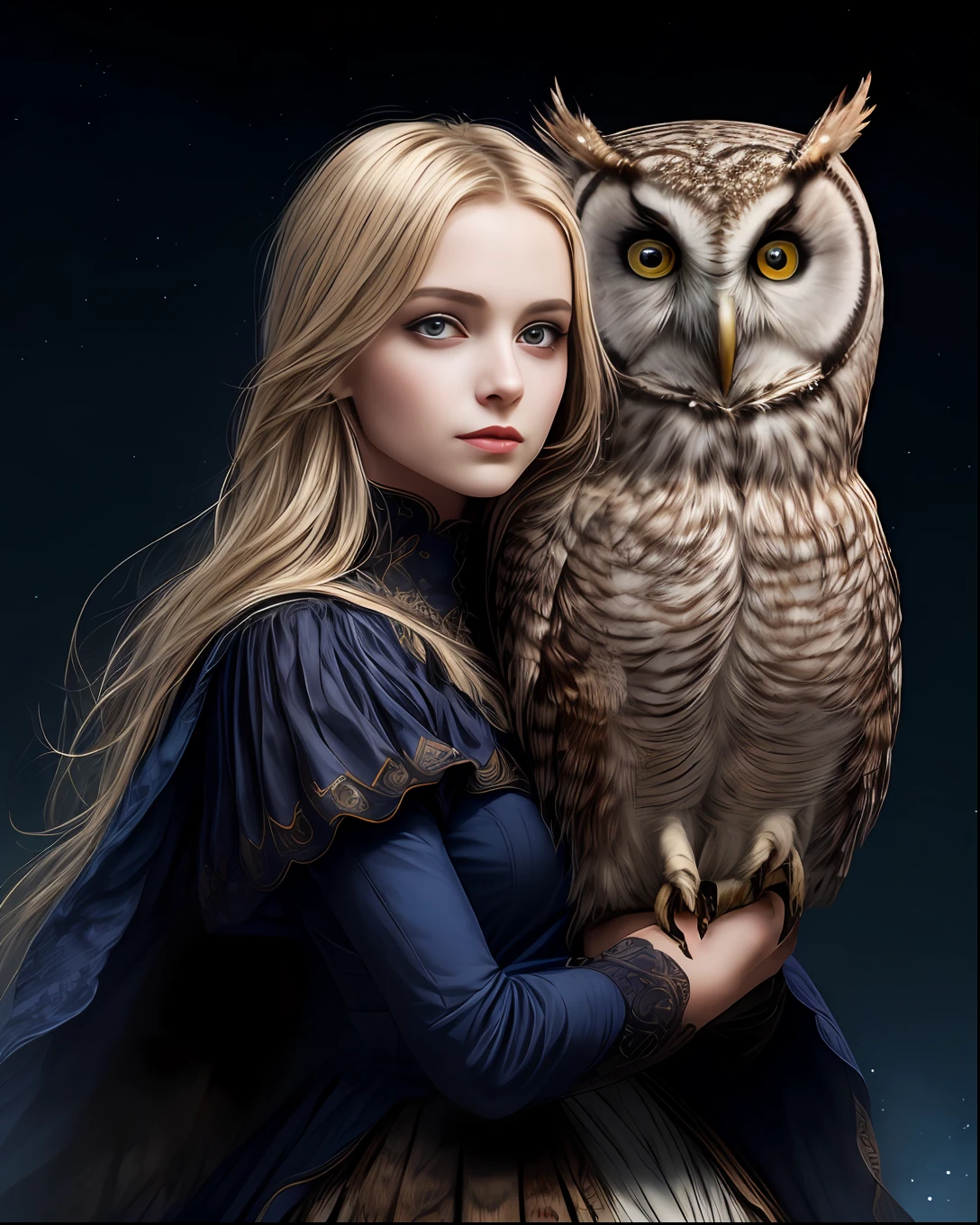 (beste-Qualit, tmasterpiece), (((portraite of a, Young woman and owl))), the pose, particle, the wind, flower, upper-body, Night Eclipse Background, looking a viewer, Long straight blonde hair, detailed blue eyes, Medieval blue princess dress, galaxy, back light, rimlight, A beautiful work of art, Perfect composition