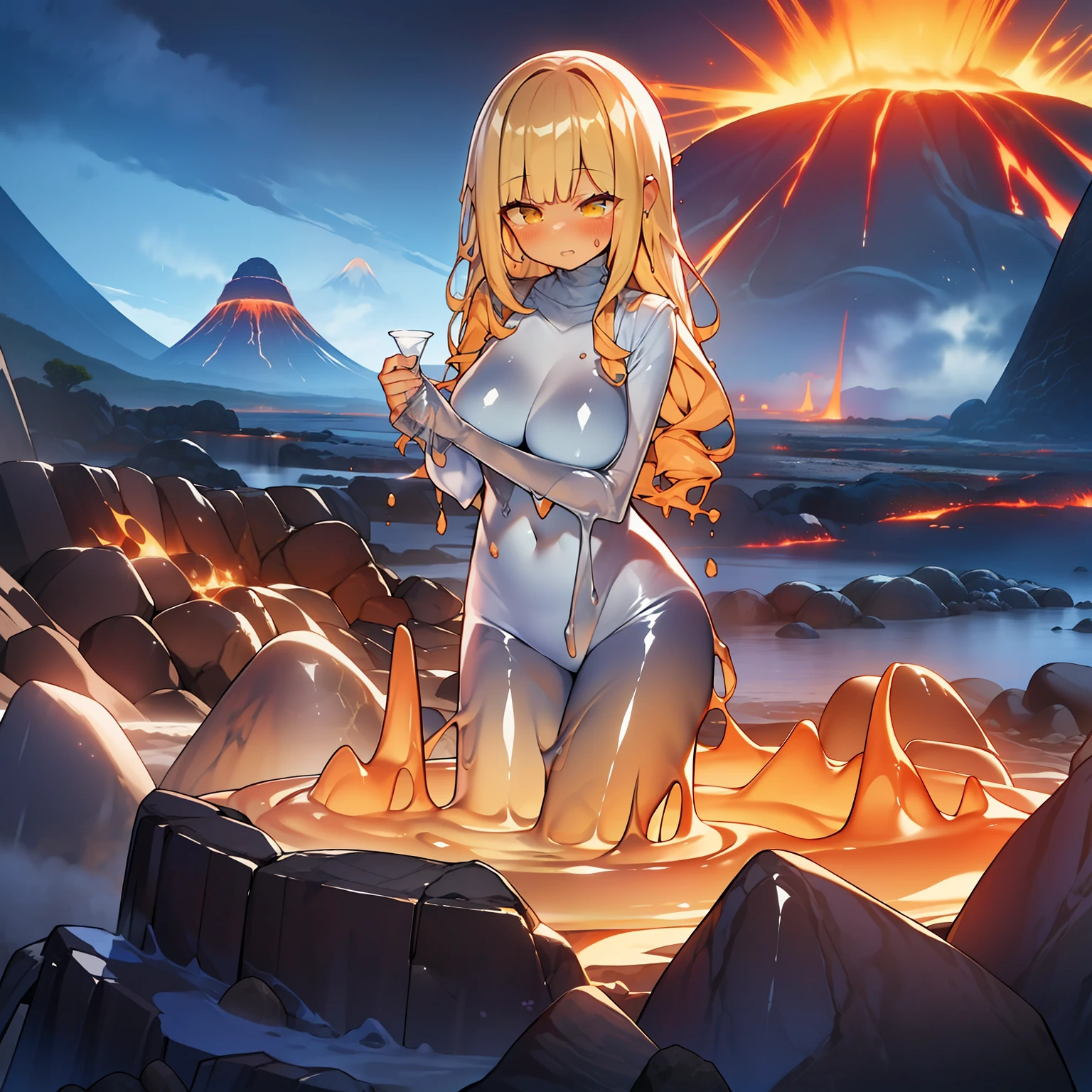 (Golden ratio:1.2),[(Colorless background:1.4)::10],(Masterpiece), (Best quality), (Ultra detailed),(Disheveled hair),(illustration),(1girll:1.3),Solo,full bodyesbian,Slime girl,(Transparent red skin:1.2),Lori huge breasts cleavage,Orange-yellow eyes,figure eight bangs,wavy and long hair,little breast,(Naked:1.2),Bare legged,Hands to the sky,squinty eyes,(Kaihuai),(Stand near a pile of lava bubbling rocks:1.2)+(There are volcanic eruptions in the distance:1.3)+[(Inception:1.2)],（Very detailed CG unity 8K wallpaper），hyper HD, retinas, Anatomically correct, Textured skin, Super detail, Best quality, A high resolution,（Very detailed CG unity 8K wallpaper）