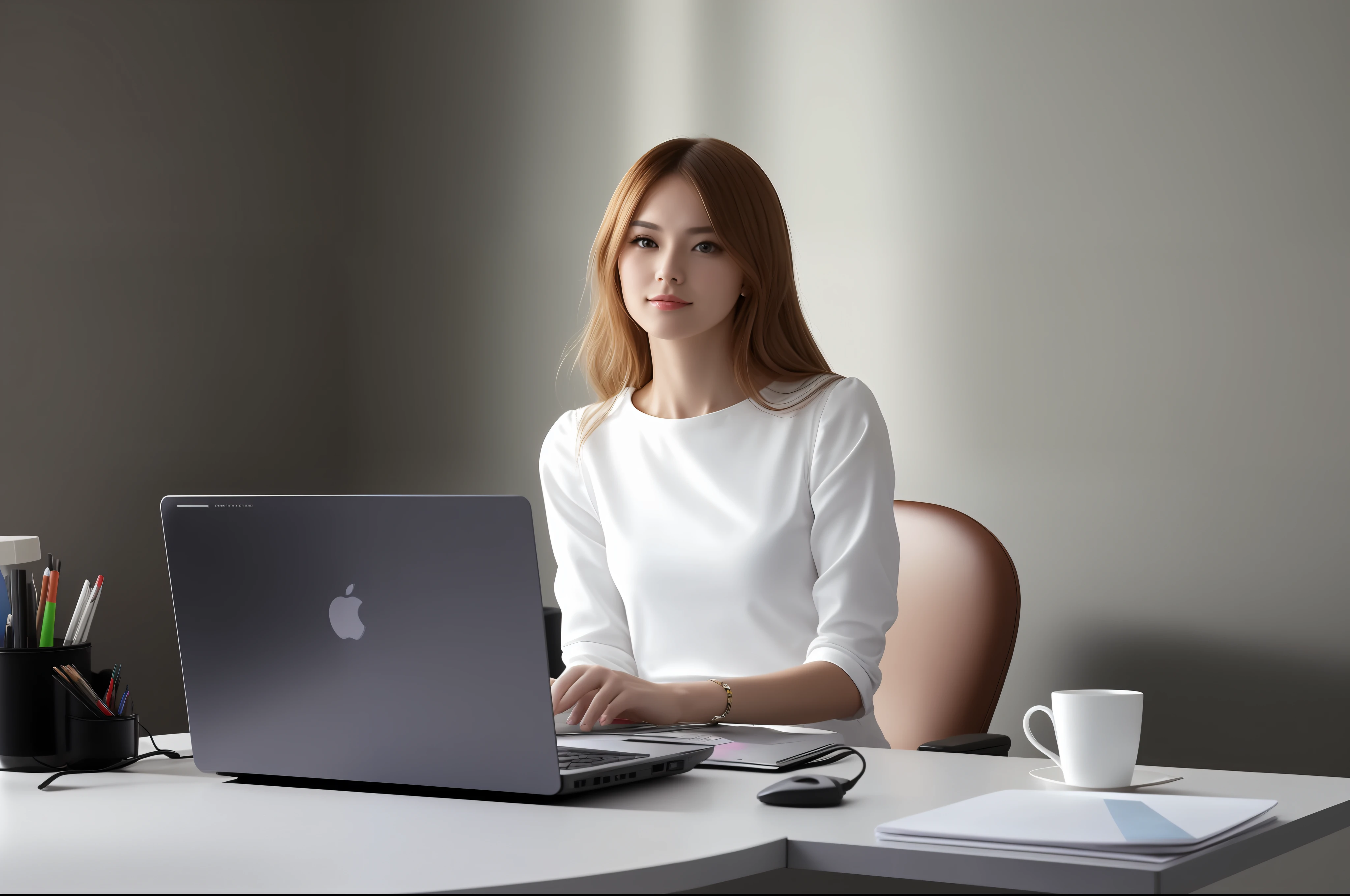 Woman sitting at desk，Laptop and cup of coffee in hand, in front of a computer, sitting at a computer desk, young business woman, sitting in front of the computer, sitting in front of the computer, Sitting at your desk, In the office, anna nikonova, Sitting at your desk, working on a laptop at a desk。Ace，4k，A high resolution，tmasterpiece，best qualtiy，head：1.3，（Europeans），Fine fine skin，tack sharp focus，（Cinema lights），鎖骨，Morning，softlighting，dynamic angle，[：（详细的脸:1.2):0.2], Underarm wrinkles, Thigh crevices, red dress, slim, A half body,femele，30 age old，Background with：office room。Working status