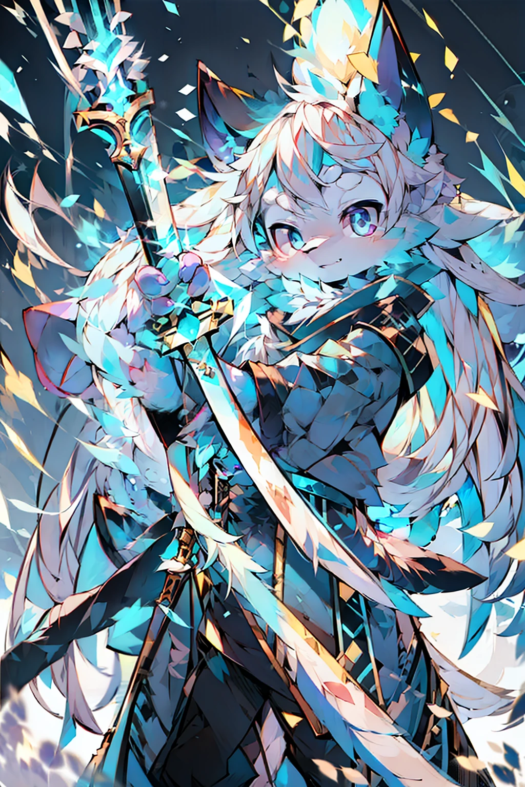 colorful, 1girl, white hair, purple eyes, dual wielding, sword, holding sword, blue flames, glow, glowing weapon, light particles, wallpaper, chromatic aberration,