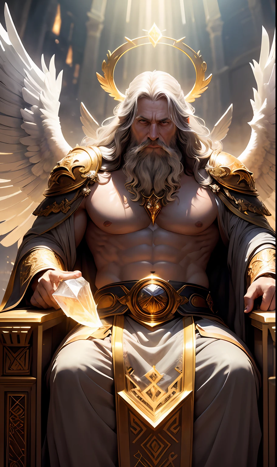 super high resolution, best quality, photo, 8k, (photorealistic: 1.2), cinematic lighting, An old man shaped like a fantz wlop, giant man with beard in bright white robes and floating on the crystal throne floating on crystal clouds, yellow eyes, bright yellow light emitted from the throne, precious stones floating in the sky, God, with beams of light enveloping his body, with large translucent, feathered wings on the crystal throne, wings are open, golden light (halo:1.2) over your head, abdominal muscles dressed in medieval golden armor, beard, masculine, dark, masterpiece, best quality, intricate details, snow environment and crystals in the background, crystal cathedral, portal of the future, 3D light, HD, magic, god of light, backlighting, detailed face, DREAD, depth of field, soft lighting, tone mapped, highly detailed, concept art, smooth, sharp focus, dramatic lighting, highly detailed art, cinematic, 8K, amazing shadows (highly detailed background: 1.2) --auto