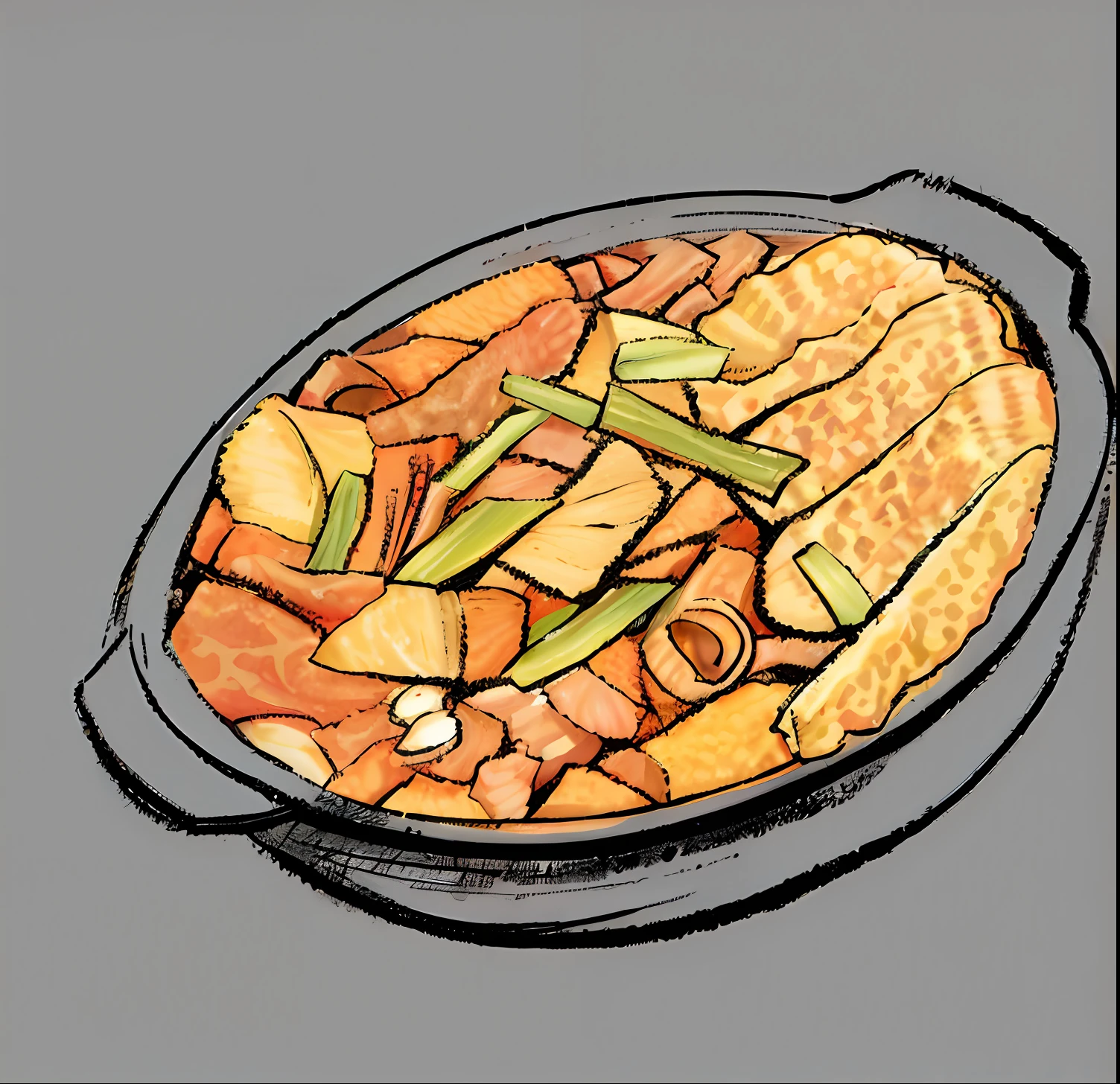 Colon face，Amazing food illustration, drawn with photoshop, expressive digital painting，Thick and dashed lines，Bright colors，Beef offal，tripe，beef，vegetative people，，A plant，，The charcoal lines are very graphic，The black lines are very graphic，A combination of brush and color，Very special