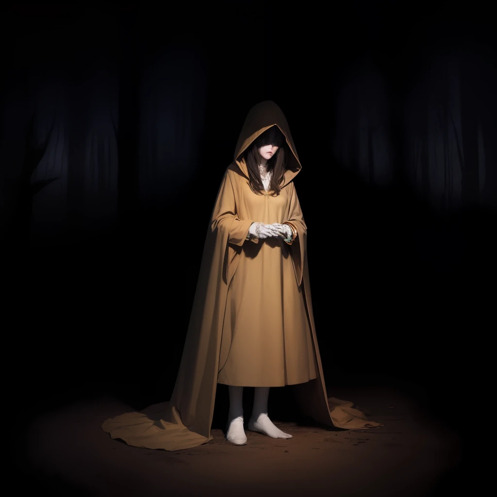 girl, brown hoodie,brown hood hiding her eyes, beige robe, hidden face, standing wrapped in beige robe, hoodie closes her eyes, horror, darkness, blood, dead bones, old bones, broken bones, gore, vampire, hands in blood, chthonic, blood splatter, blood spots, cloth ib blood, forest, pine forest, dark forest