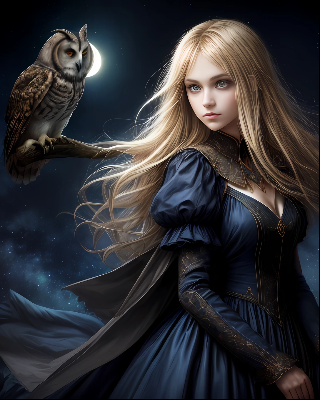 (beste-Qualit, tmasterpiece), (portraite of a, A young woman ((A meaningful face, The Secret View)) and an owl), Magic, mysteriously, the pose, particle, the wind, flower, upper-body, Night Eclipse Background, looking a viewer, Long straight blonde hair, detailed blue eyes, Medieval blue princess dress, galaxy, back light, rimlight, A beautiful work of art, Perfect composition
