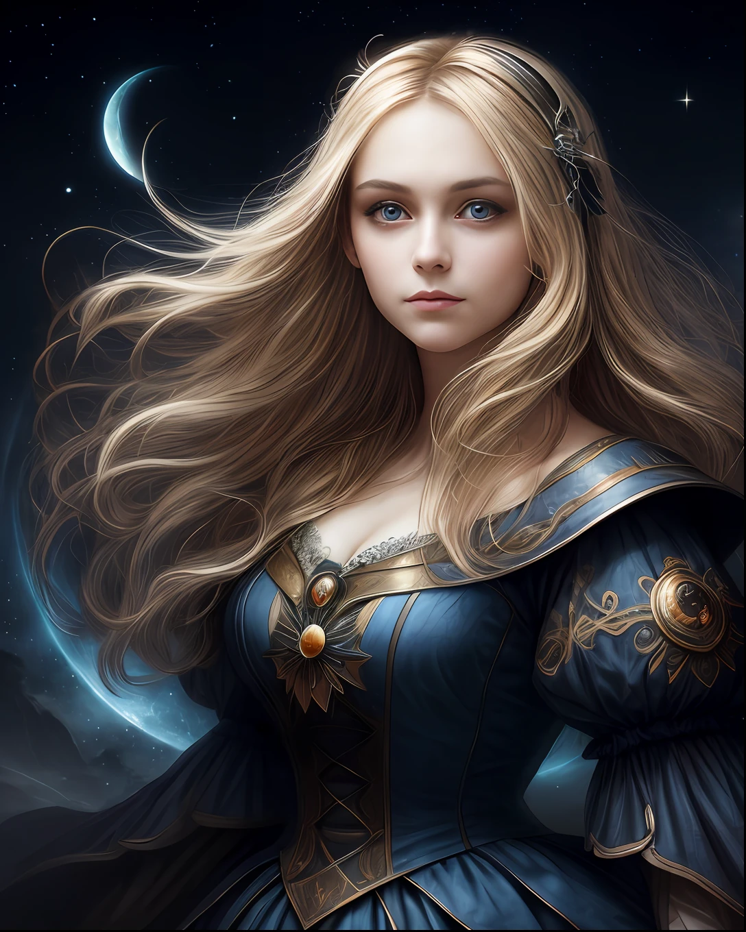 (beste-Qualit, tmasterpiece), (portraite of a, A young woman ((A meaningful face, The Secret View)) and an owl), Magic, mysteriously, the pose, particle, the wind, flower, upper-body, Night Eclipse Background, looking a viewer, Long straight blonde hair, detailed blue eyes, Medieval blue princess dress, galaxy, back light, rimlight, A beautiful work of art, Perfect composition