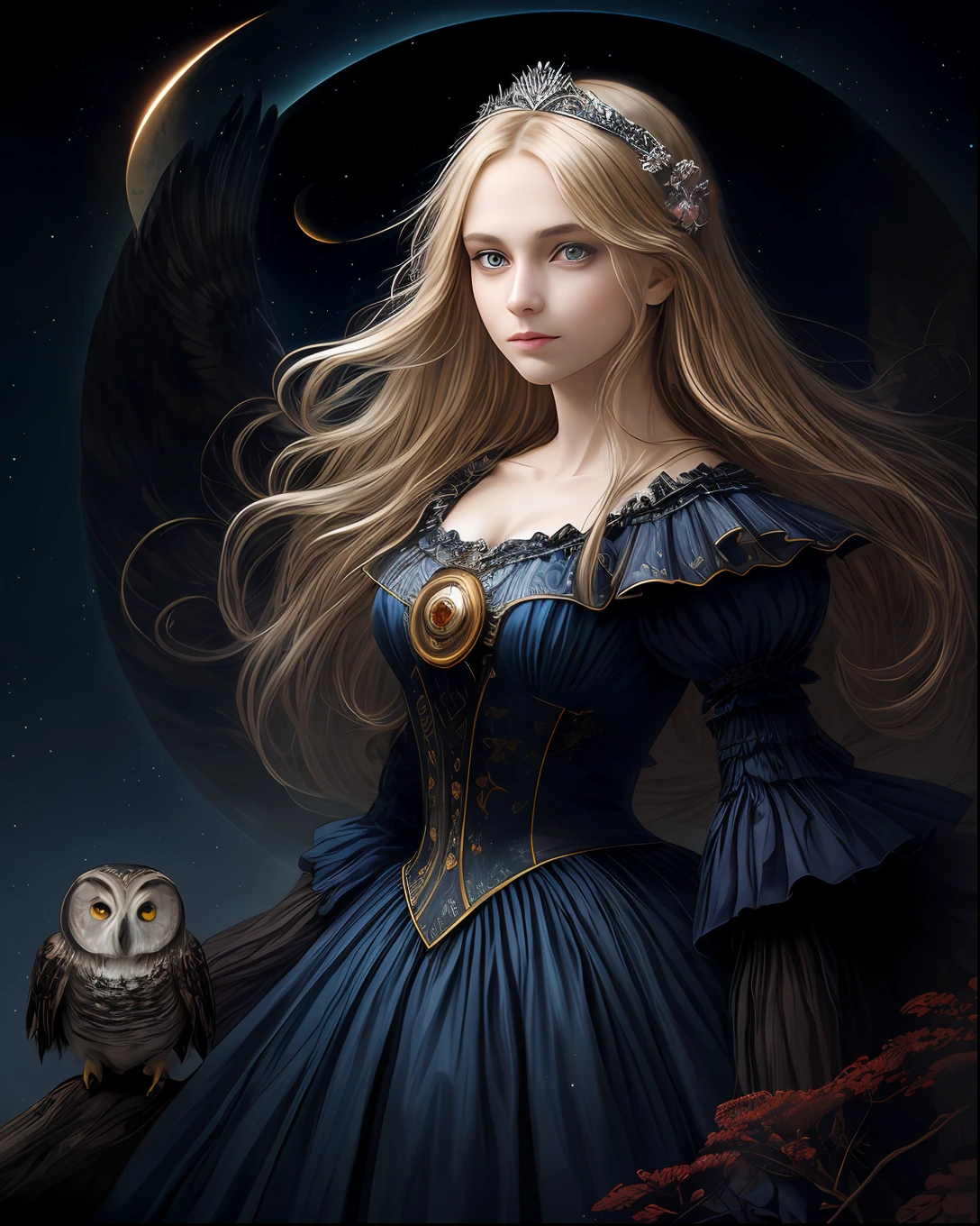 (beste-Qualit, tmasterpiece), (portraite of a, A young woman ((A meaningful face, The Secret View)) and an owl), Magic, mysteriously, the pose, particle, the wind, flower, upper-body, Night Eclipse Background, looking a viewer, Long straight blonde hair, detailed blue eyes, Medieval blue princess dress, galaxy, back light, rimlight, A beautiful work of art, Perfect composition