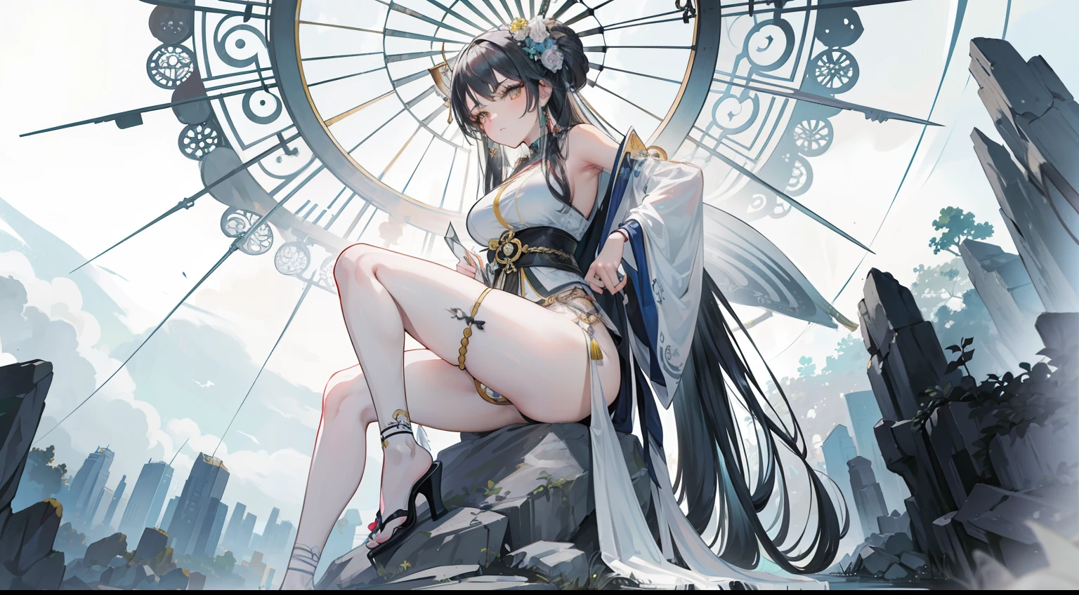 Solo acuarela en blanco y  y estilo de tinta. art nouveau y ukiyo-e arte de Luis Royo. Una (hermosa guerrera alemana) 1st century and its faithful (tiger) on a rock in the magic hour. Ella lleva su cabello en varias trenzas, lleva armadura. Your tiger is impressive and has a menacing expression, Lleva una cadena gruesa con un protector alrededor del cuello. Ella lo acaricia tiernamente.