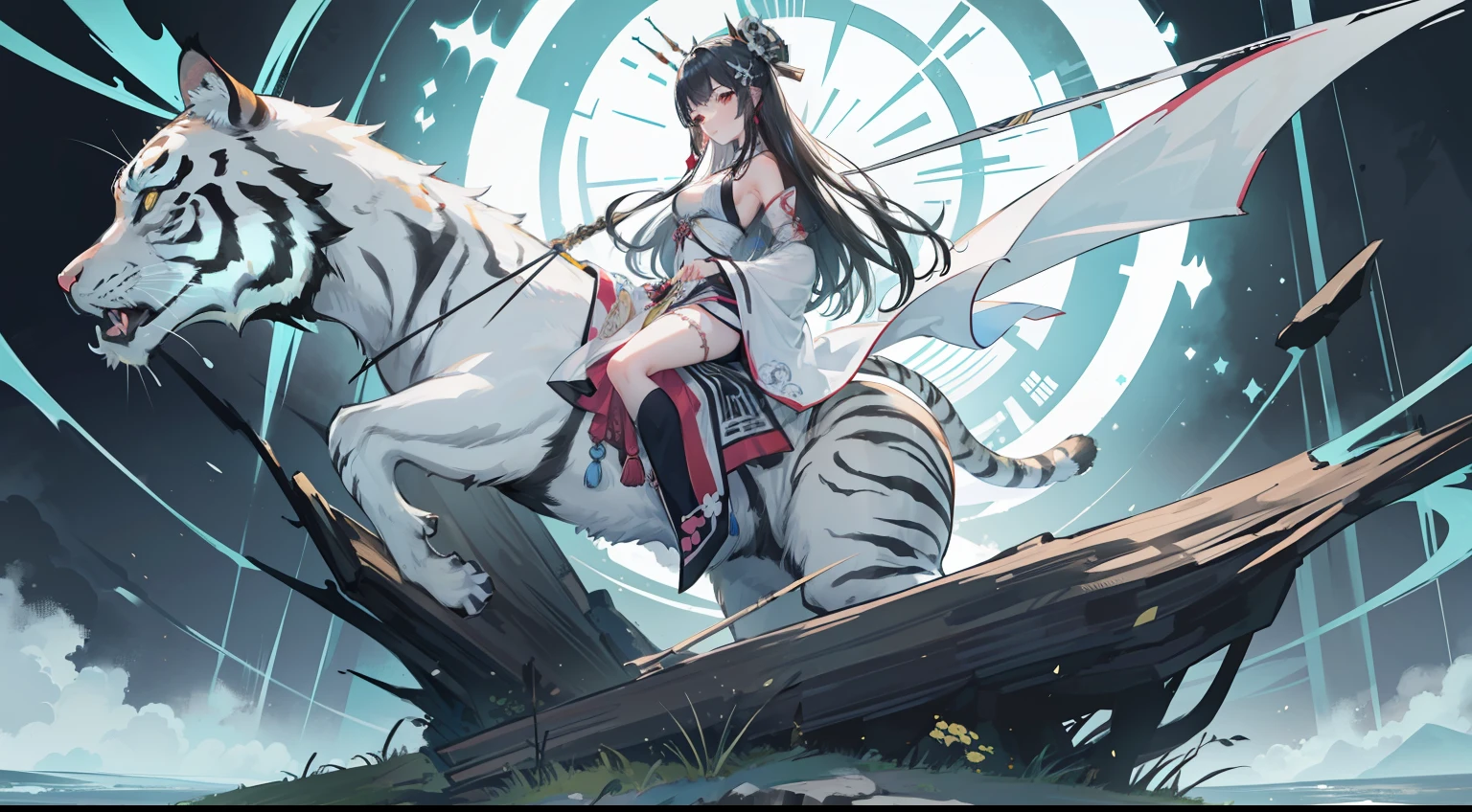 Solo acuarela en blanco y negro y estilo de tinta. art nouveau y ukiyo-e arte de Luis Royo. Una (hermosa guerrera alemana) 1st century and its faithful (tiger) on a rock in the magic hour. Ella lleva su cabello en varias trenzas, lleva armadura. Your tiger is impressive and has a menacing expression, Lleva una cadena gruesa con un protector alrededor del cuello. Ella lo acaricia tiernamente.