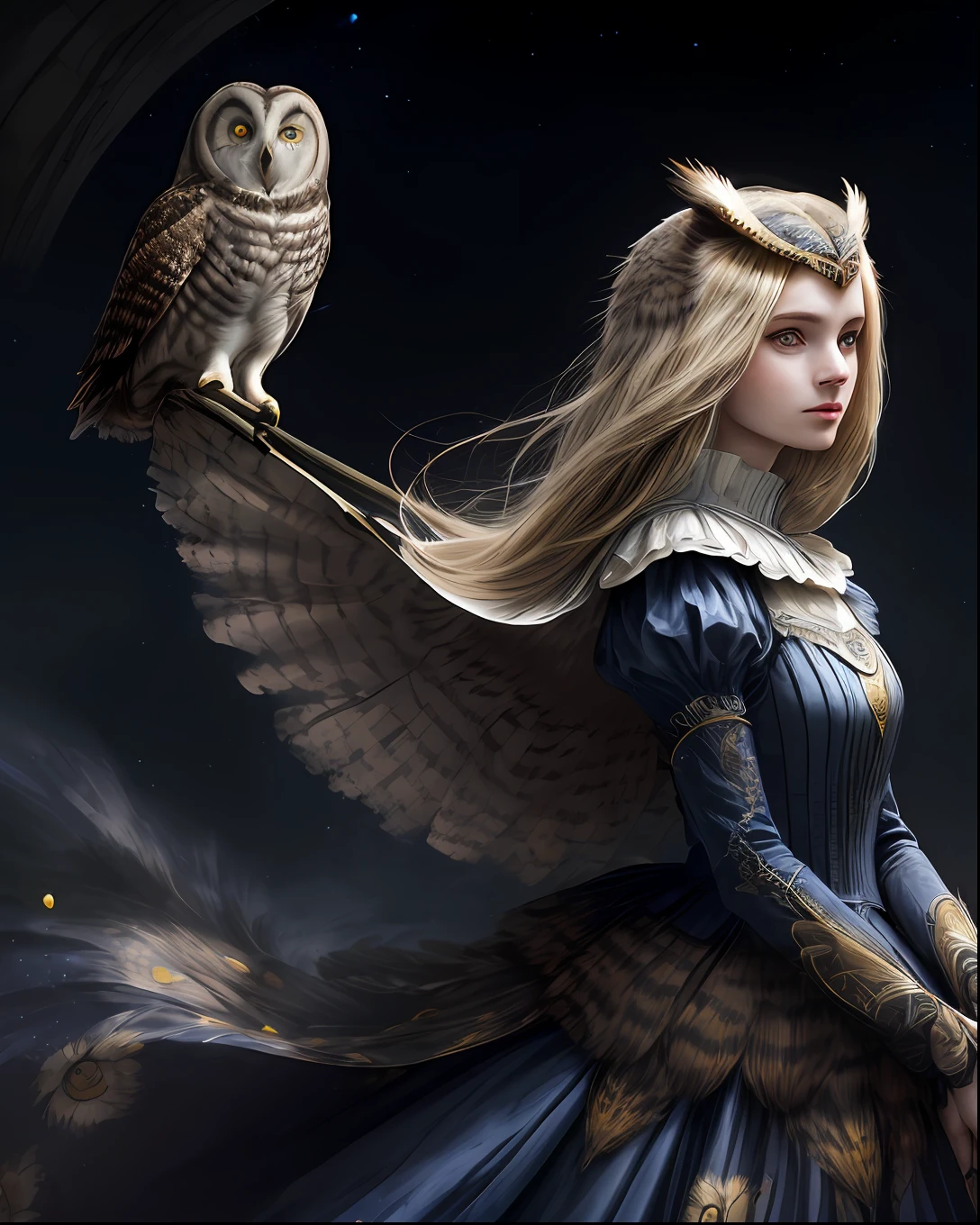 (beste-Qualit, tmasterpiece), (((portraite of a, Young woman and owl))), the pose, particle, the wind, flower, upper-body, Night Eclipse Background, looking a viewer, Long straight blonde hair, detailed blue eyes, Medieval blue princess dress, galaxy, back light, rimlight, A beautiful work of art, Perfect composition