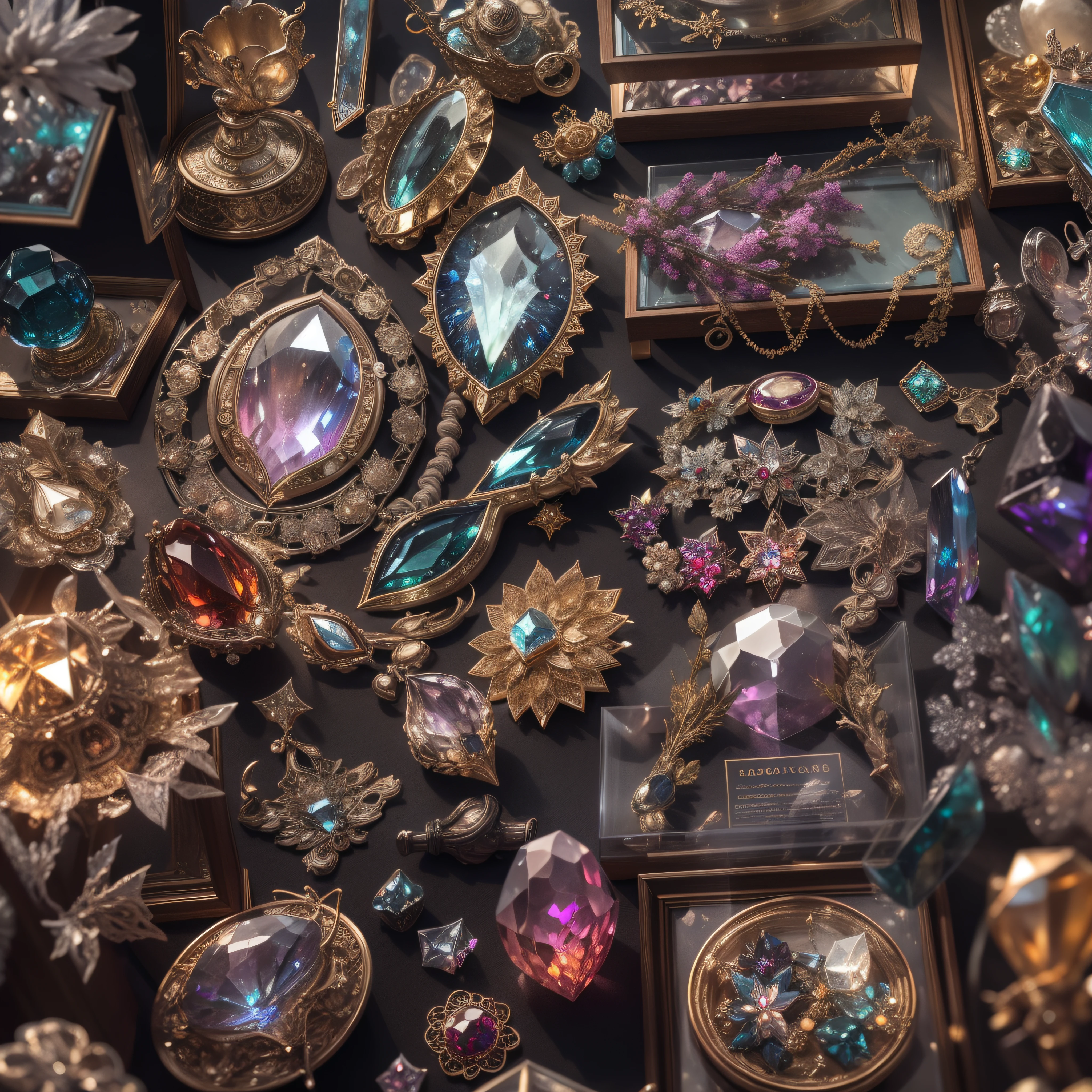 Jewelry in display cases,Crystal gemstones in display case,Ore in a display case, High-value jewelry,,High-value metals,Luxury,no depth of field,Full Focus,Puzzles are prohibited, Detailed and complex background, glittery, reflective light, hyper HD, Award-Awarded, A high resolution, High detail, Chiaroscuro, Cinematic lighting, Masterpiece, Anatomically correct, Super detail, High quality, High details, Best quality, 16k