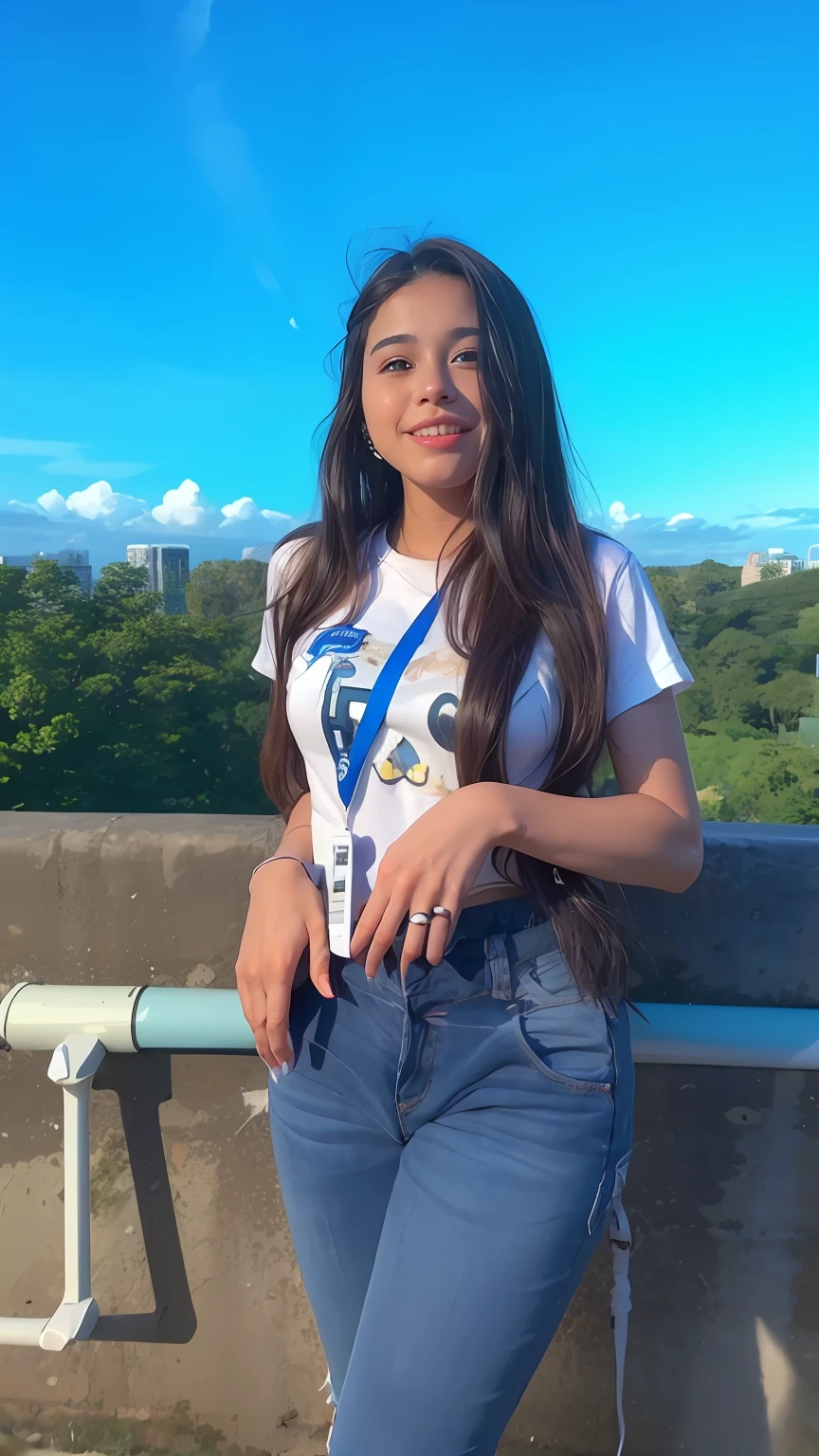 a beautiful girl standing on a bridge with a blue lanyard, alanis guillen, she is about 1 , violet myers, cindy avelino, 18 years old, in sunny weather, karla ortiz, photo taken in 2 0 2 0, real ungine, with long hair, candid photo, student, lorena avarez, both eyes are beautiful and same in shape, smile like a pretty girl
