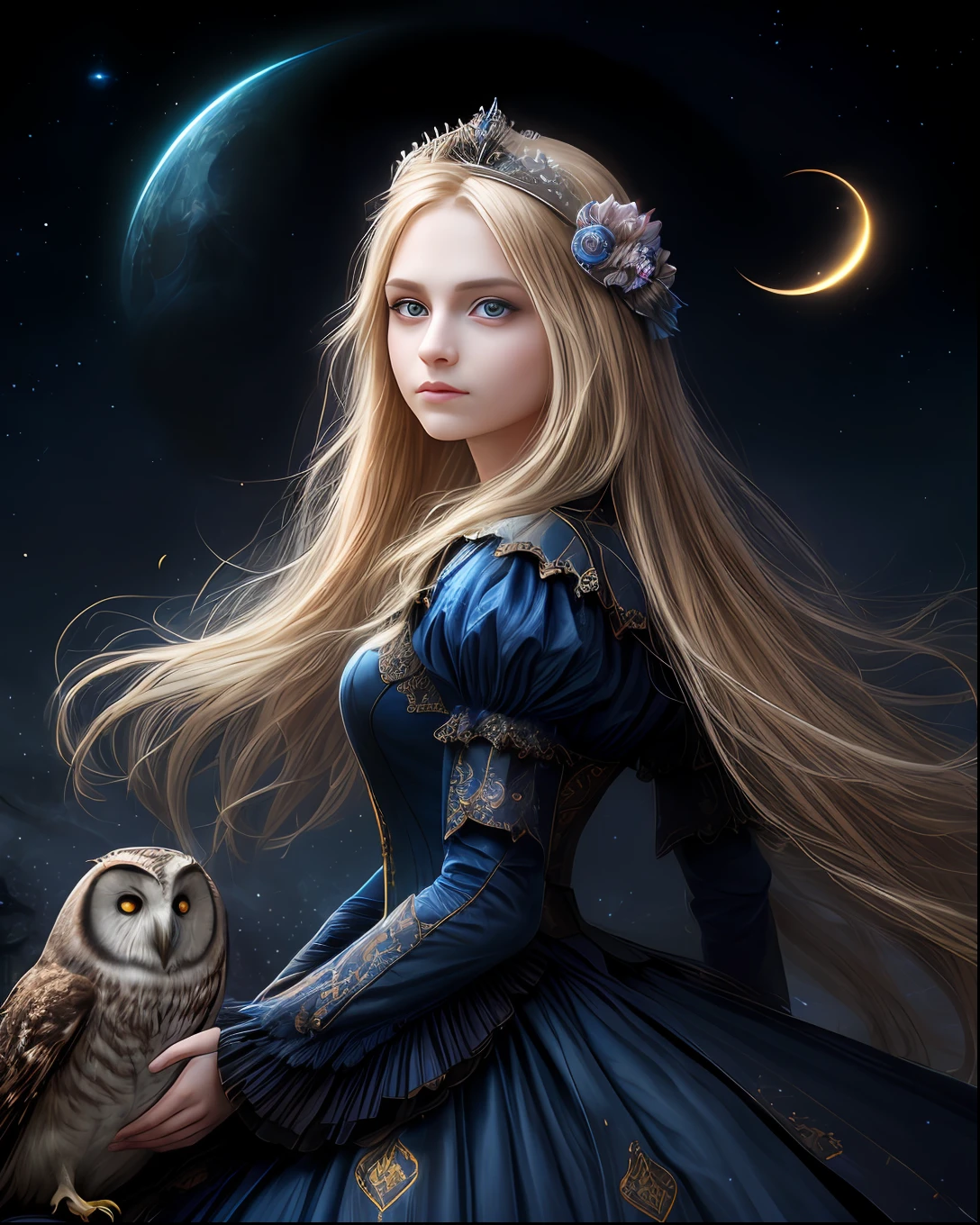 (beste-Qualit, tmasterpiece), (portraite of a, Young woman and owl), the pose, particle, the wind, flower, upper-body, Night Eclipse Background, looking a viewer, Long straight blonde hair, detailed blue eyes, Medieval blue princess dress, galaxy, back light, rimlight, A beautiful work of art, Perfect composition