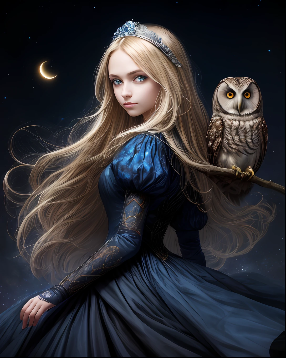 (beste-Qualit, tmasterpiece), (portraite of a, Young woman and owl), the pose, particle, the wind, flower, upper-body, Night Eclipse Background, looking a viewer, Long straight blonde hair, detailed blue eyes, Medieval blue princess dress, galaxy, back light, rimlight, A beautiful work of art, Perfect composition