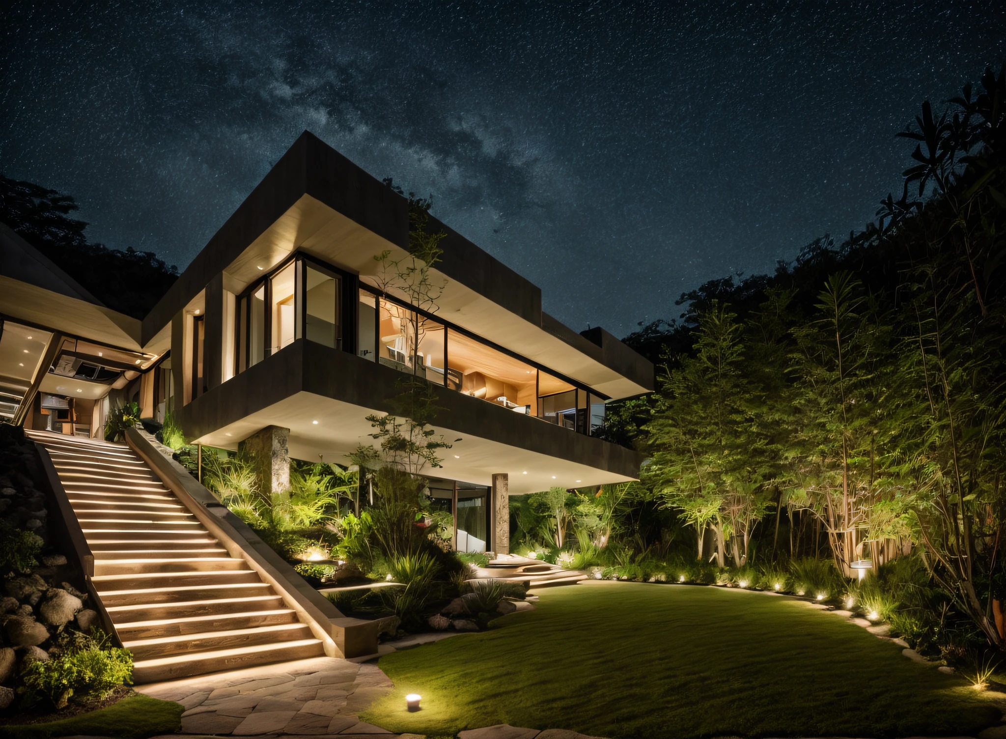 RAW photo, nature, epic futuristic, daylight , raw, hdr,standing on the hill, natural skin, 8k uhd, high quality, film grain, Fujifilm XT3, cinematic, slate grey, dramatic light, architecture, villa, yellow lights, large sliding glass door, modern house, white house , palm, bali, resort, sea view, Stairs to the house made of stone, with led lights, grass,paved front yard