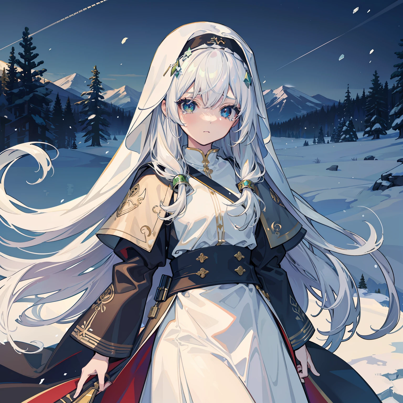 masterpiece, best quality, masterpiece,best quality,official art,extremely detailed CG unity 8k wallpaper, in winter, day, snow, the top of the hill, sky, strong rim light, solo, girl, bishoujo, nun, absurdly long hair, white hair, beautiful detailed eyes, stare, tears, deep black eyes, white robe, green 4jade crown