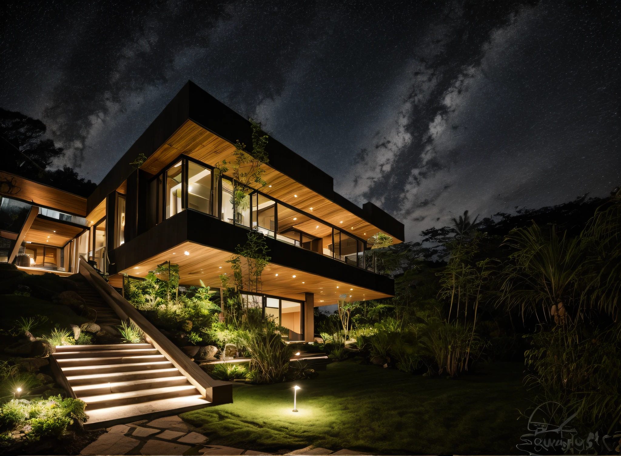 RAW photo, nature, epic futuristic, daylight , raw, hdr,standing on the hill, natural skin, 8k uhd, high quality, film grain, Fujifilm XT3, cinematic, slate grey, dramatic light, architecture, villa, yellow lights, large sliding glass door, modern house, white house , palm, bali, resort, sea view, Stairs to the house made of stone, with led lights, grass,paved front yard