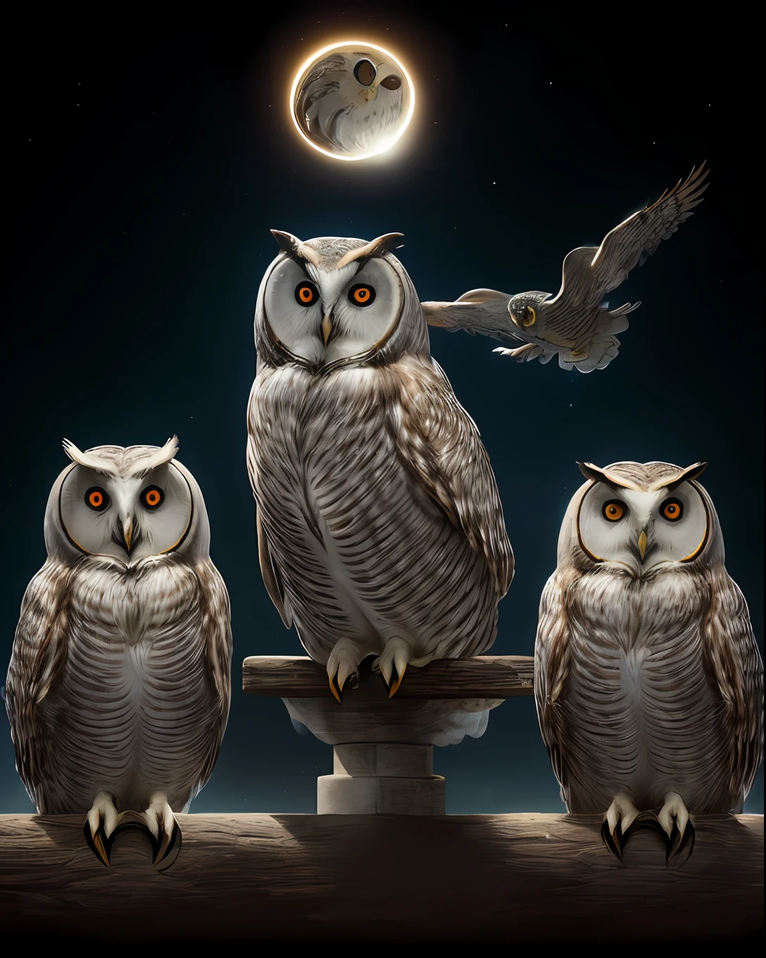 "(beste-Qualit, tmasterpiece), (((A flock of owl birds))), the pose, particle,  Night Eclipse Background, galaxy, back light, rimlight, A beautiful work of art, Perfect composition"