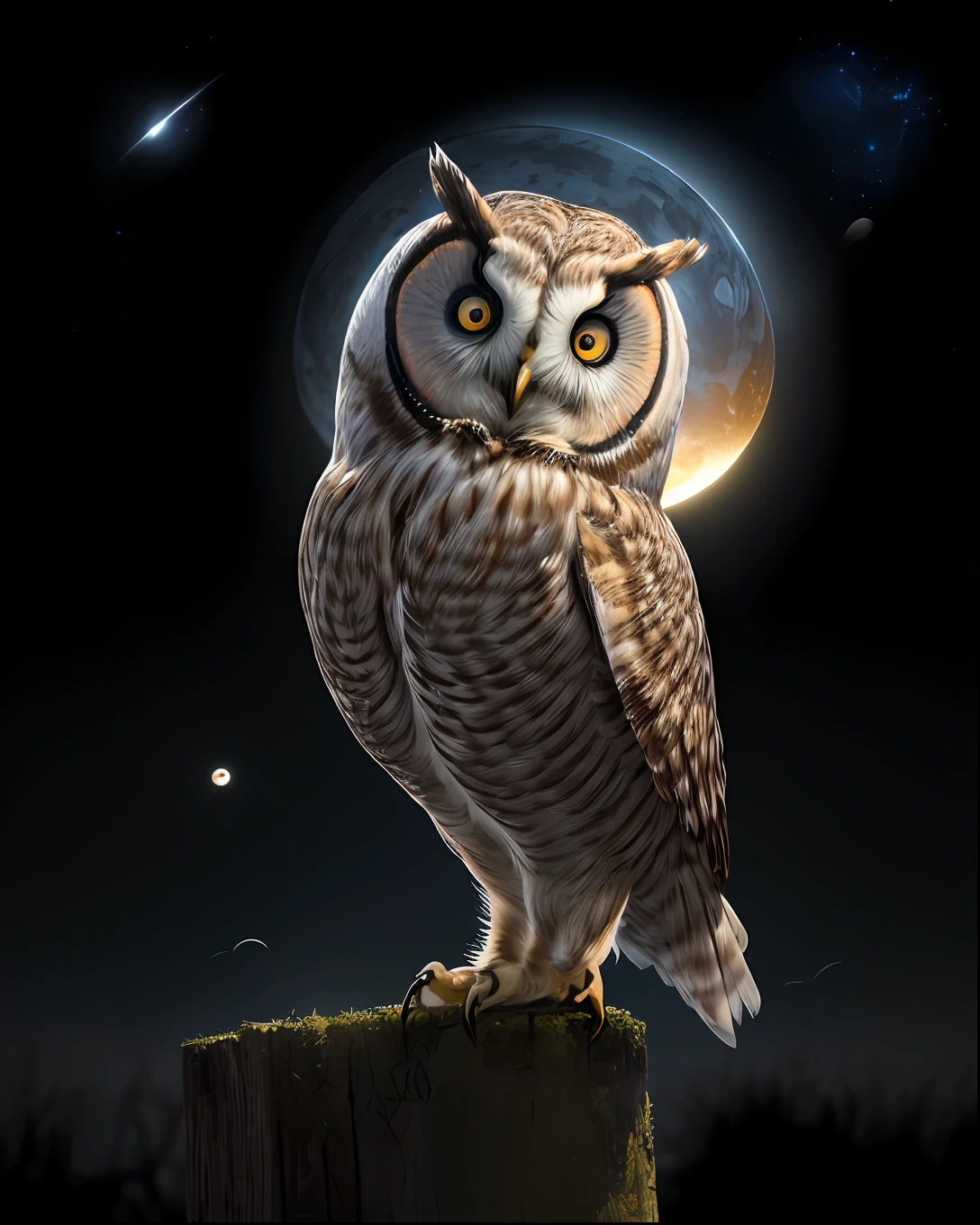 "(beste-Qualit, tmasterpiece), ((( Five owl birds))), the pose, particle, Night Eclipse Background, galaxy, back light, rimlight, A beautiful work of art, Perfect composition"