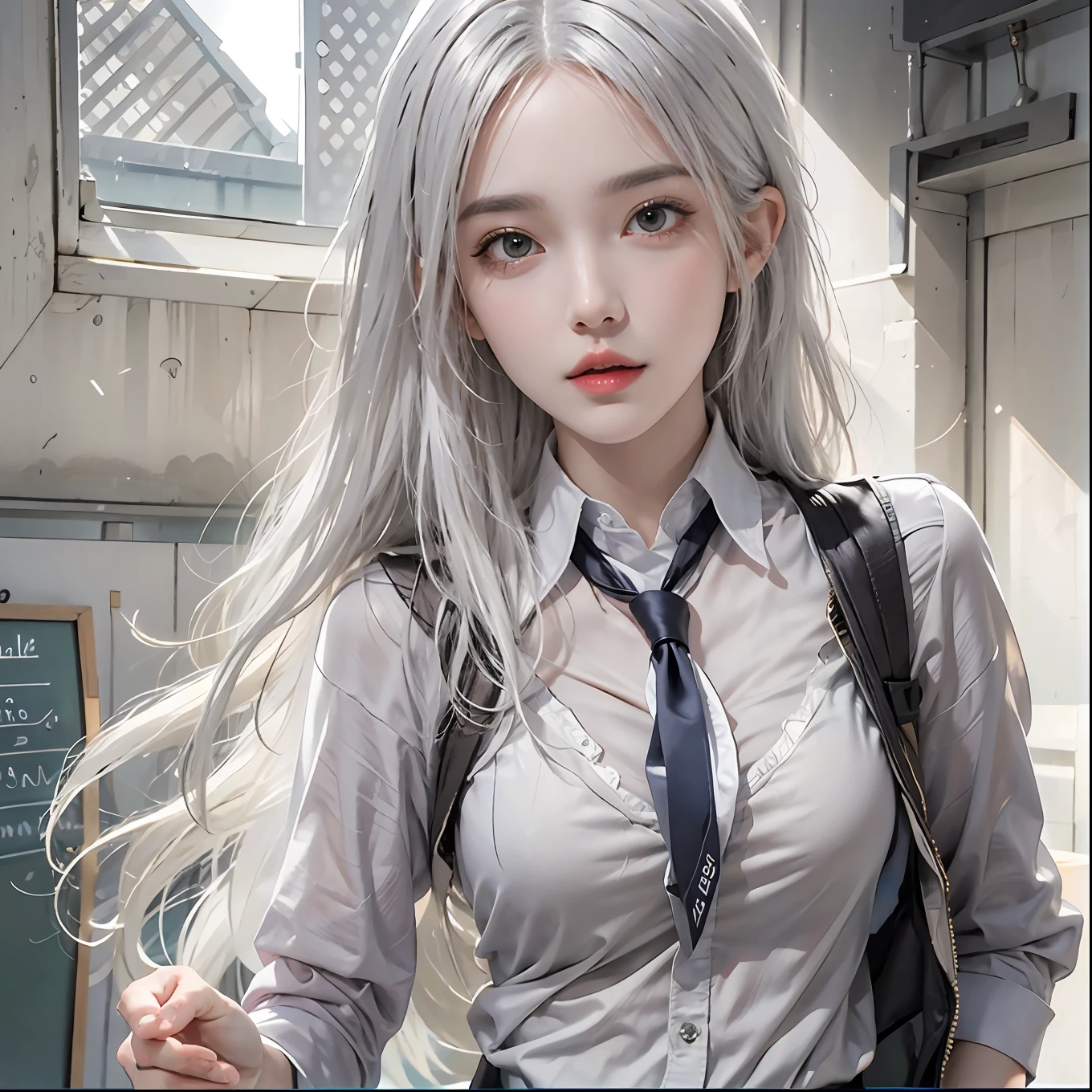 photorealistic, high resolution, 1women, solo, hips up, look at viewer, (detailed face), white hair, long hair, school uniform