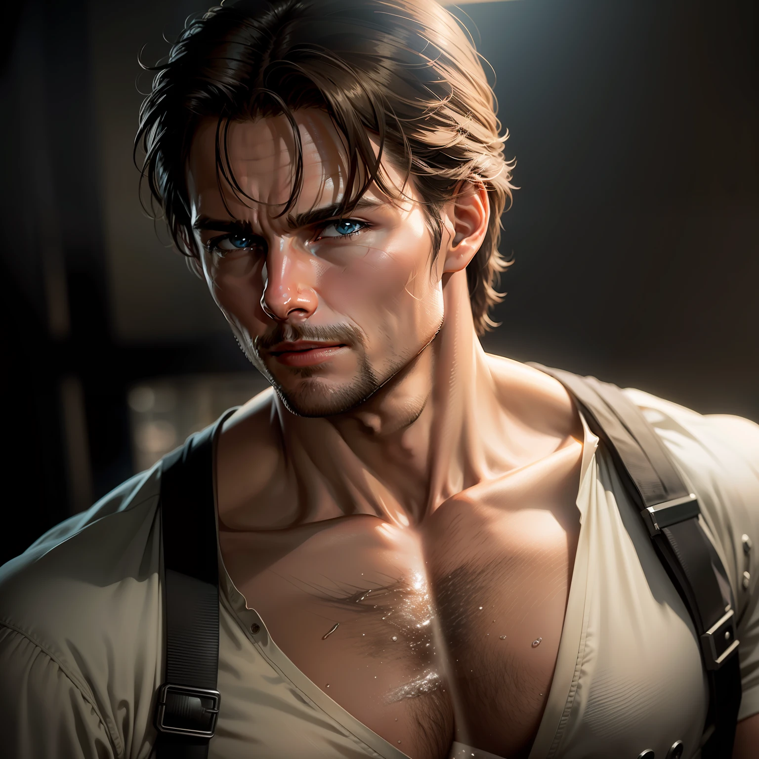 "Tom Cruise as Rick Grimes,The light is gentle,natural vibe,Half-body close-up,Fine portrait style,detail-rich,high-definition picture quality,Deep eyes,The expression is solemn。"
