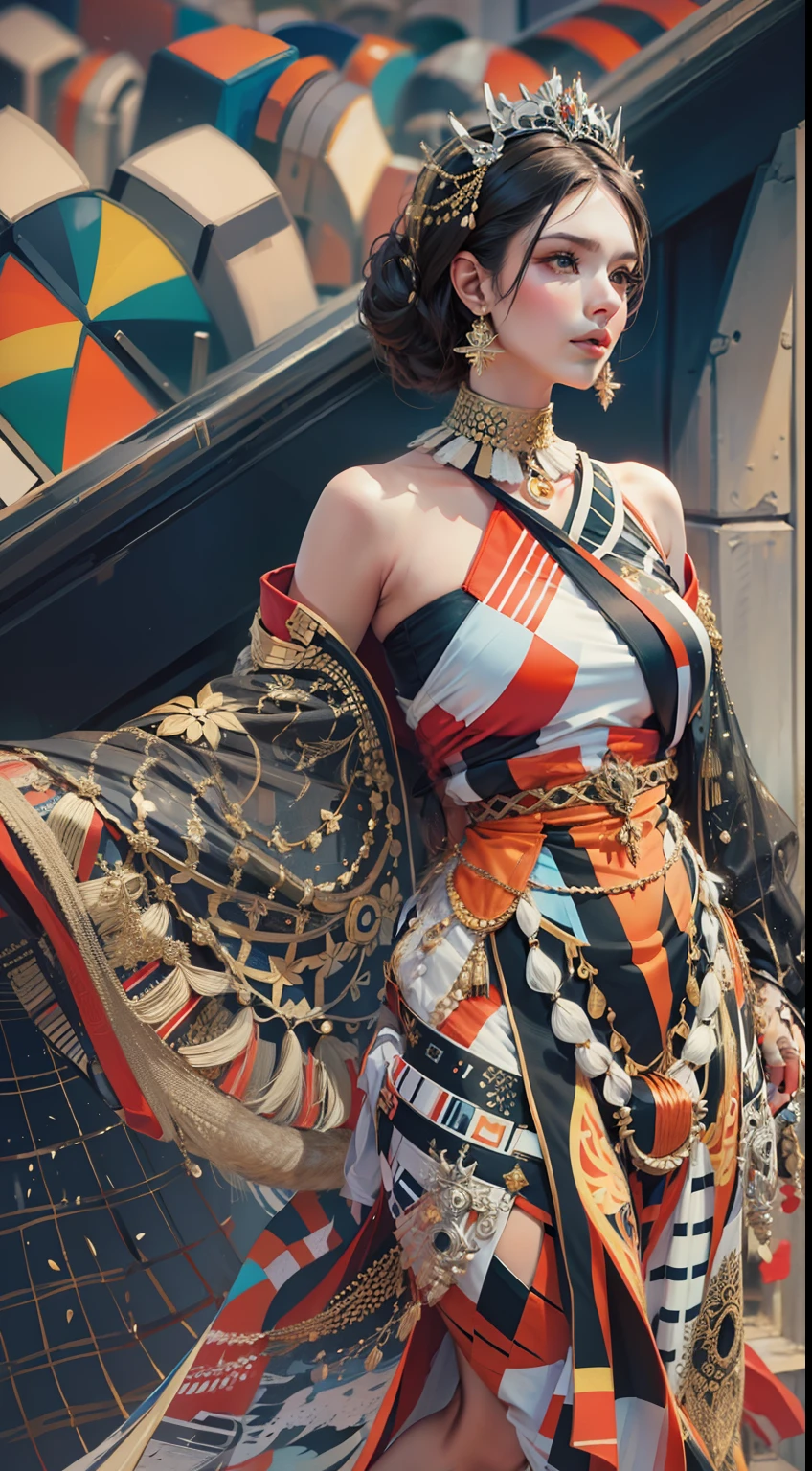 Beautiful woman in intricate Bold and Geometric Outfit