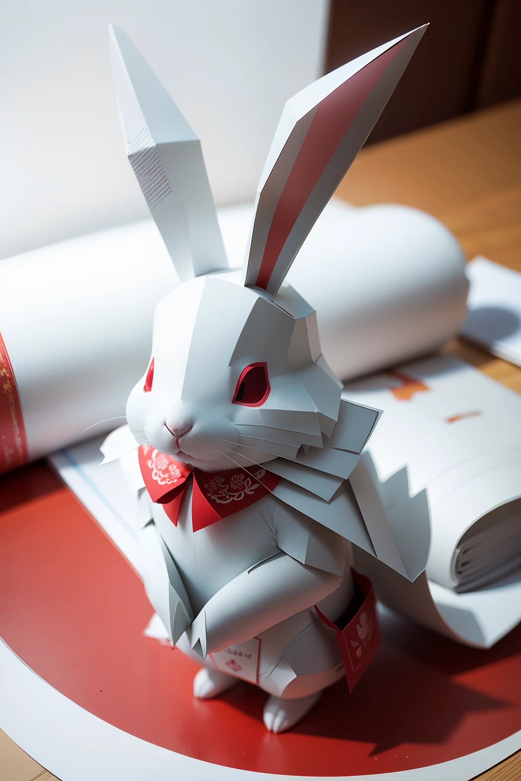 White rabbit、Paper Cuttings style、The angle is different、fundo vermelho、detail-rich、Spread the entire picture、k hd、4k
