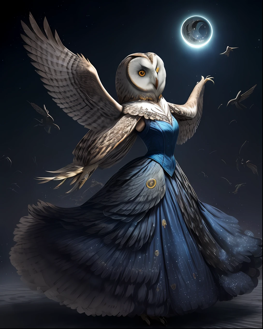 (beste-Qualit, tmasterpiece), (((A flock of owl birds, Owls fly over it))), the pose, particle, the wind, flower, upper-body, Night Eclipse Background, looking a viewer, Long straight blonde hair, detailed blue eyes, Medieval blue princess dress, galaxy, back light, rimlight, A beautiful work of art, Perfect composition