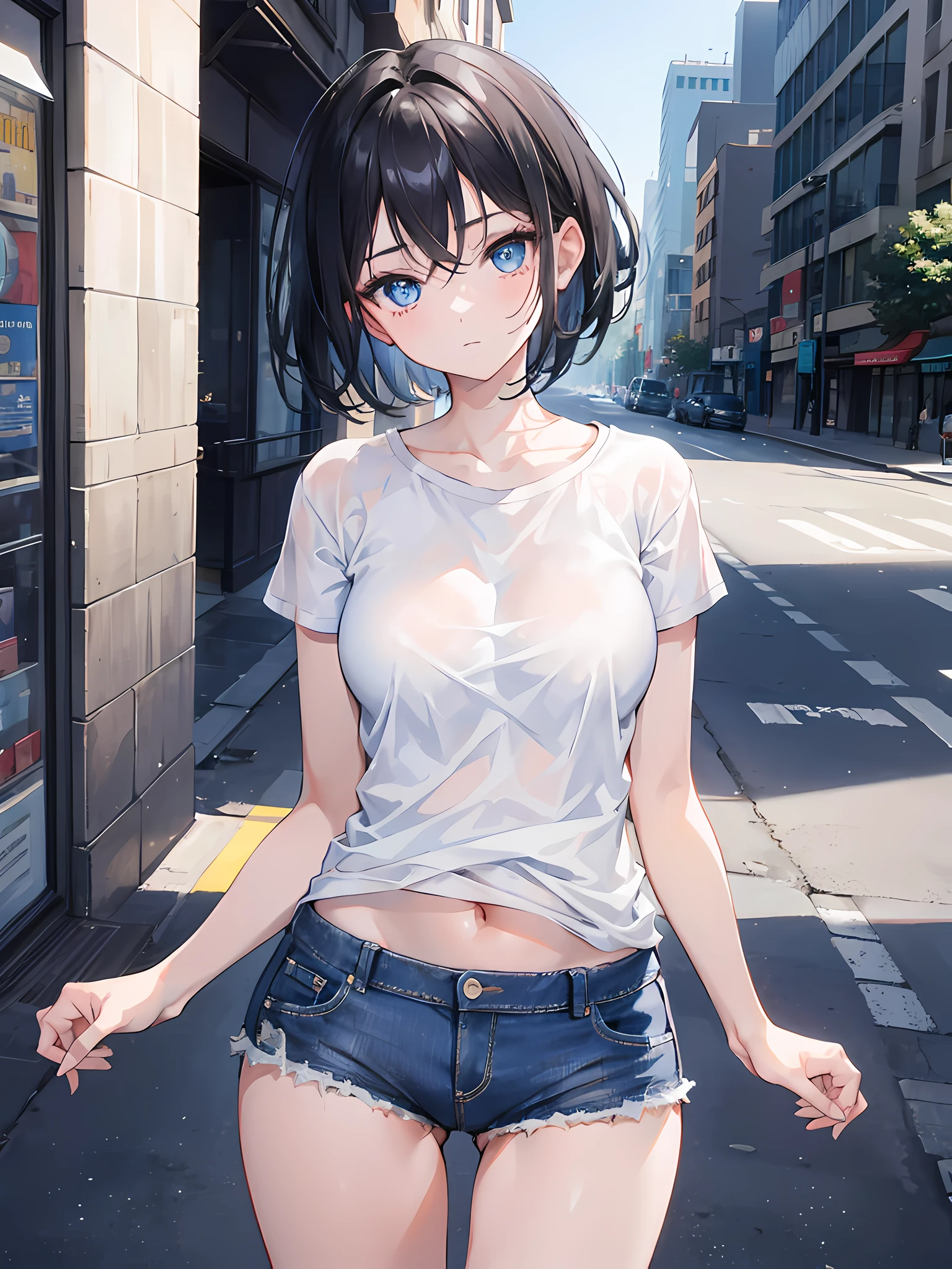 1 girl, short black hair, blue eyes, wearing plain white shirt, denim shorts, city, absudres, high res, ultrasharp, 8K, masterpiece, looking at viewer