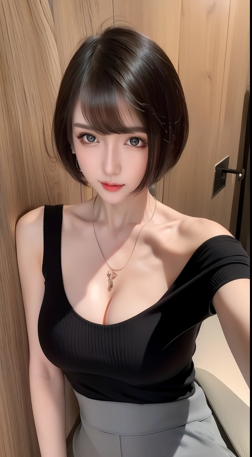 (masterpiece:1.3), (8k, photorealistic, RAW photo, best quality: 1.4), (1girl), beautiful face, (realistic face), (black hair, short hair:1.3), Nice hairstyle，photorealistic eye，Nice detail eyes，（Realistic skin），Beautiful skins，（Sweaters），full bodyesbian，Full body like，超高分辨率，Ultra photo realsisim，The is very detailed，the golden ratio，huge tit，Expose cleavage