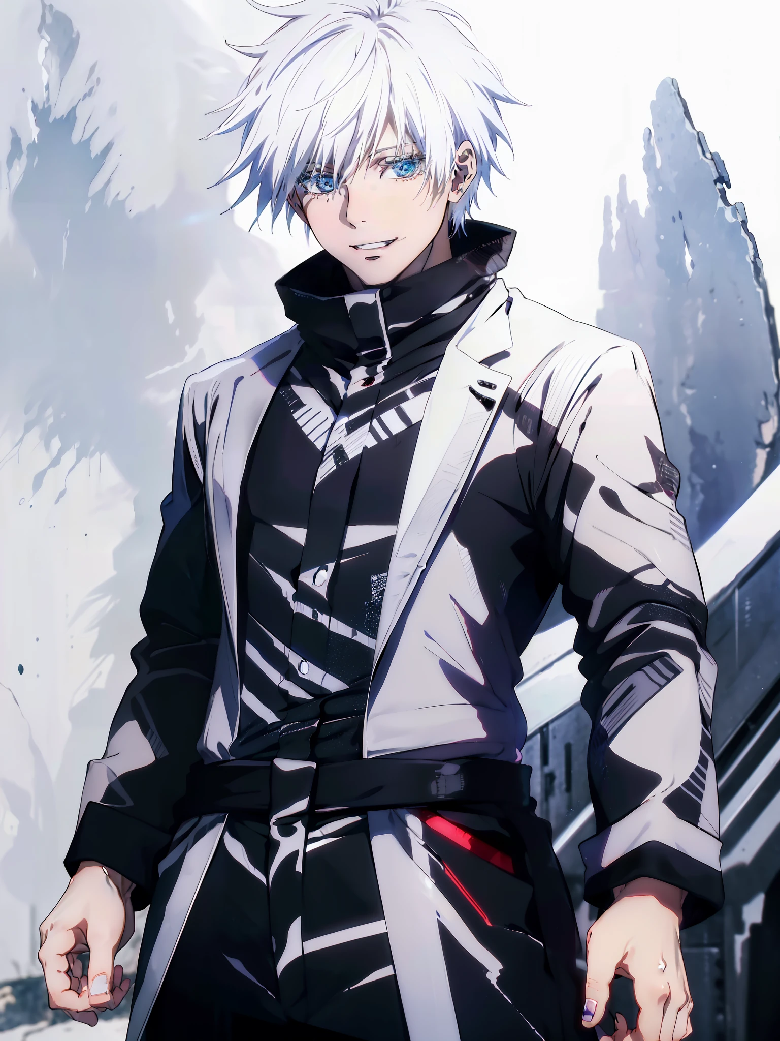 top-quality,Masterpiece,high-level image quality,8k,1 male,独奏,white hair,((Black clothes)),Clothes all over the body,Light blue eyes,Detailed eye description,cowboy shot,full bodyesbian,Standing,Crazy smile,((White background,without background))