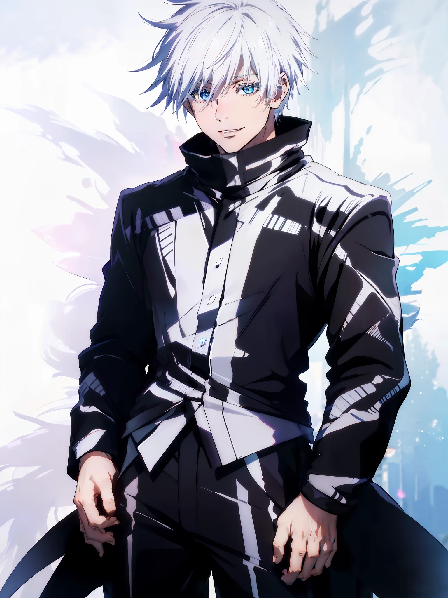 top-quality,Masterpiece,high-level image quality,8k,1 male,独奏,white hair,((Black clothes)),Clothes all over the body,Light blue eyes,Detailed eye description,cowboy shot,full bodyesbian,Standing,Crazy smile,((White background,without background))