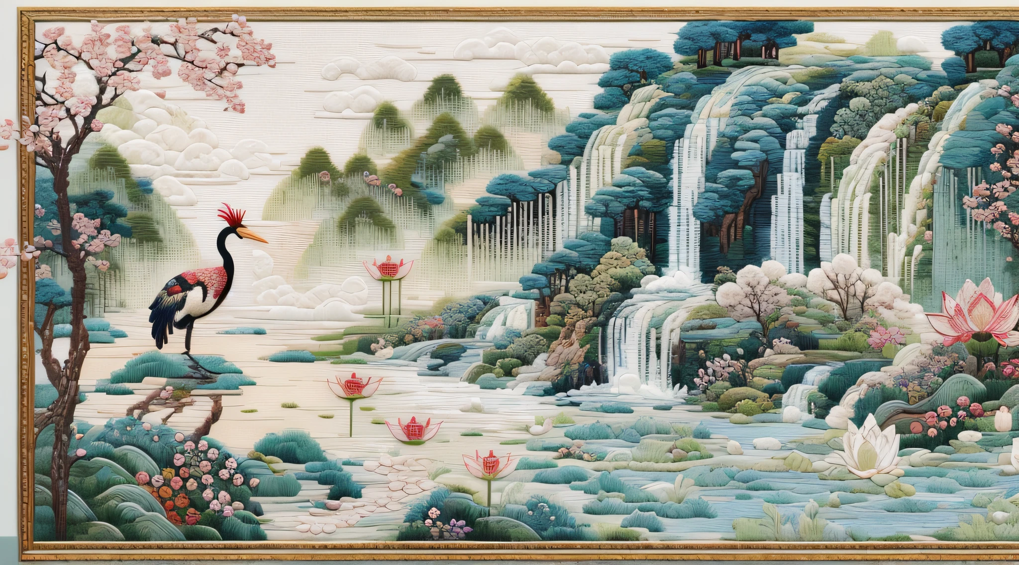 （Cross-stitch landscape，Embroidered landscape），Antique game scene design，Red-crowned crane，lotuses，waterfallr，A blue sky，White cloud，Chinese landscape painting OC rendering sculpture