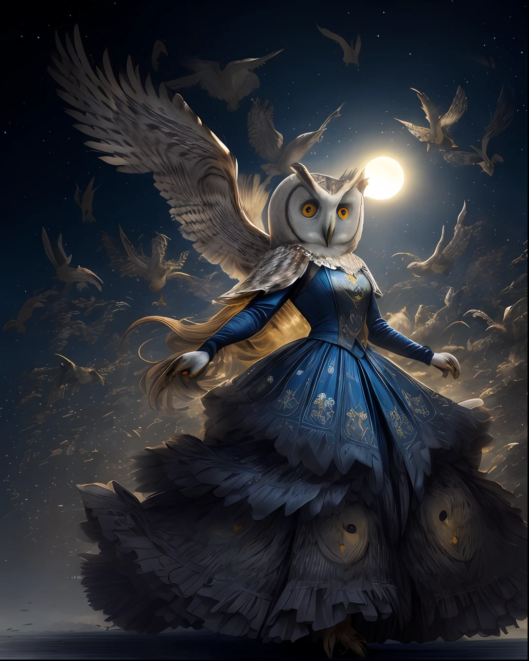 (beste-Qualit, tmasterpiece), (((A flock of owl birds, Owls fly over it))), the pose, particle, the wind, flower, upper-body, Night Eclipse Background, looking a viewer, Long straight blonde hair, detailed blue eyes, Medieval blue princess dress, galaxy, back light, rimlight, A beautiful work of art, Perfect composition