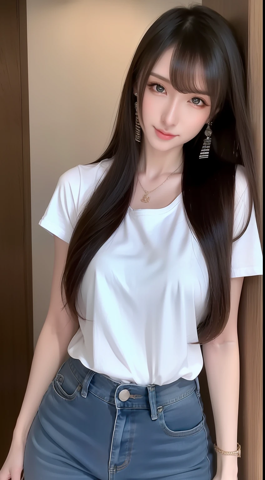 （realisticlying， A high resolution：1.3）， 1 girl with a perfect body， Super fine face and eyes，long whitr hair，Woman by the sea，sexy for，Light-colored jeans，shorter pants，Skinny T-shirt，age 22，Height 170 cm，realisticlying，Japan goddess，very Bigger breasts