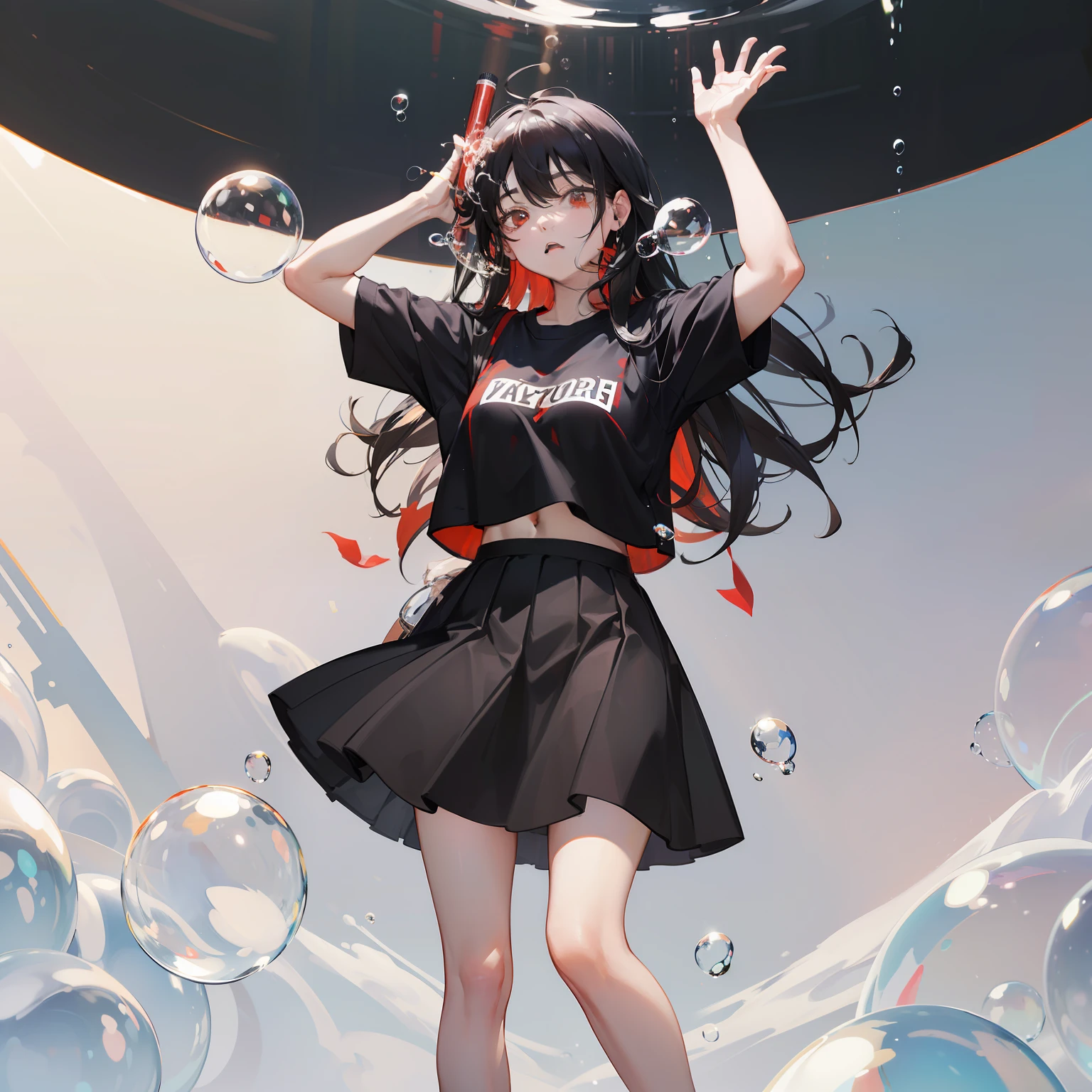 ​masterpiece、hightquality、vivd colour、(((Long Black Hair)))、(((Red Shirt)))、(((a black skirt)))、(((White bubbles fill the screen)))、a large amount of foam、Covered in bubbles、(((Being in the bubble)))