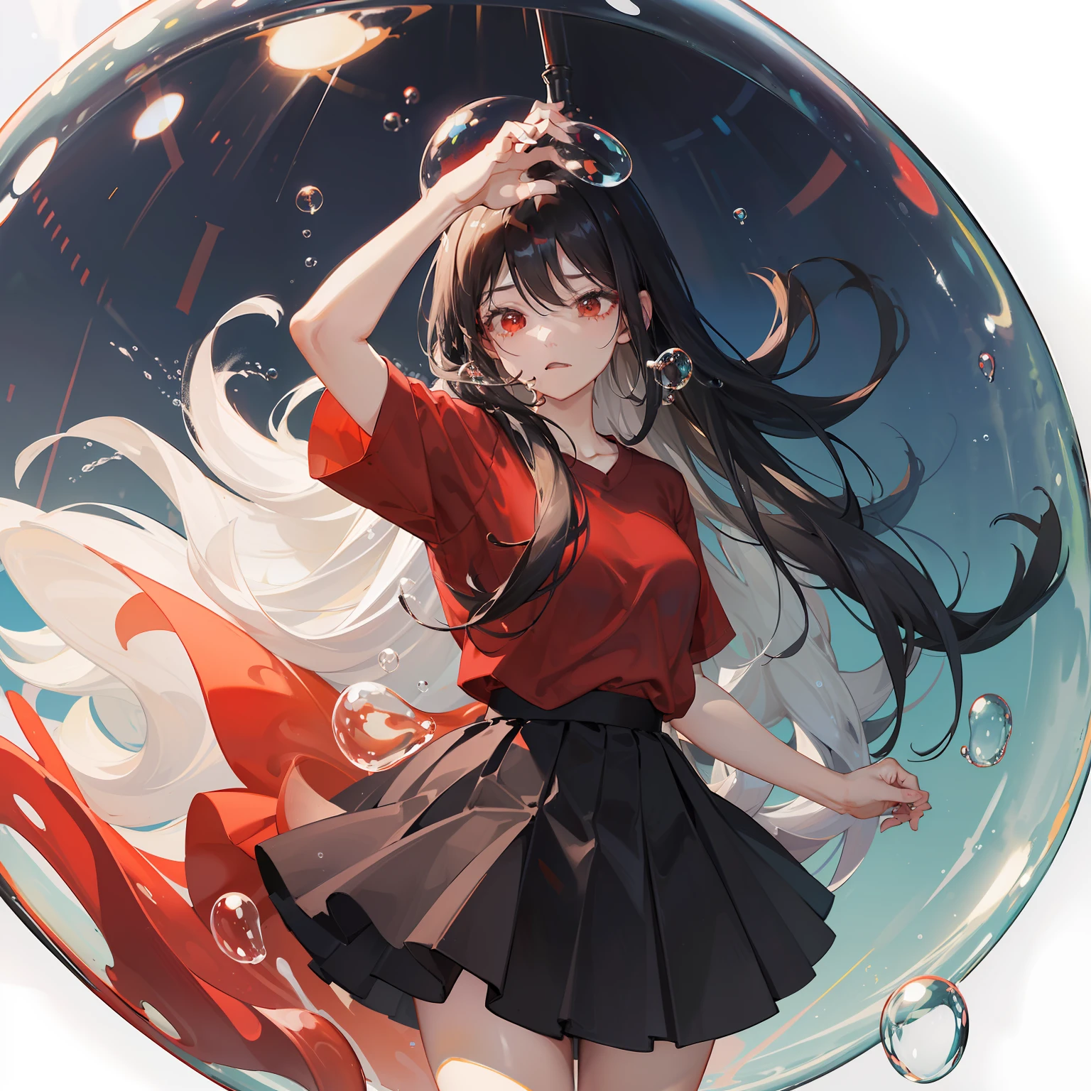 masterpiece、hightquality、vivd colour、(((Long Black Hair)))、(((Red Shirt)))、(((a black skirt)))、(((White bubbles fill the screen)))、a large amount of foam、Covered in bubbles、(((Being in the bubble)))