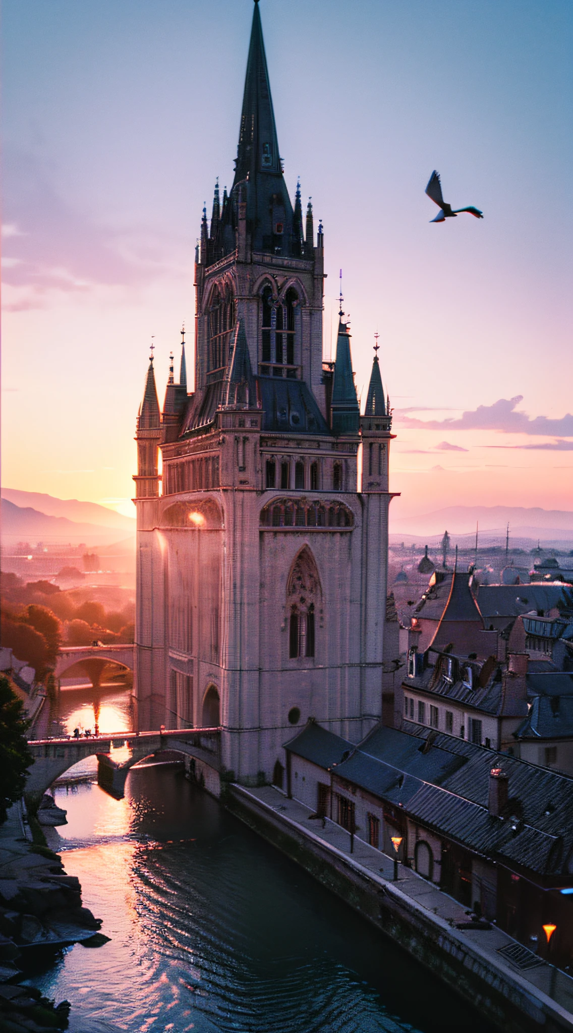 (view from very heigh, bird view, twilight:1.5), stunning scape, (masterpiece, best quality, no humans, medieval fantasy city, romanesque gothic, perspective:1.2), 8k, raw photo, absurdres, (architectural streets, bridges, big river, woods, mountain range:1.2), elaborate architecture, church, gradient purple sky, light leaks, depth of field, photorealistic, film grain, chromatic aberration, highres, ultra detailed, finely detail, dynamic lighting, dramatic lighting, sharp focus