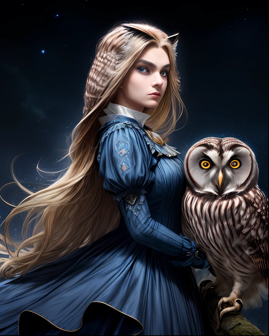 (beste-Qualit, tmasterpiece), (((The woman is half a bird owl))), the pose, particle, the wind, flower, upper-body, Night Eclipse Background, looking a viewer, Long straight blonde hair, detailed blue eyes, Medieval blue princess dress, galaxy, back light, rimlight, A beautiful work of art, Perfect composition