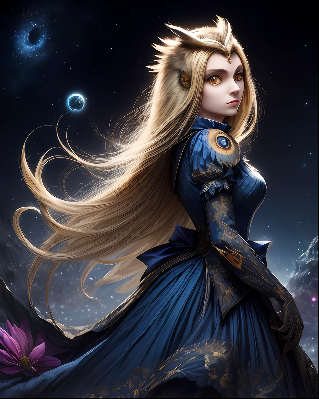 (beste-Qualit, tmasterpiece), (((The woman is half owl))), the pose, particle, the wind, flower, upper-body, Night Eclipse Background, looking a viewer, Long straight blonde hair, detailed blue eyes, Medieval blue princess dress, galaxy, back light, rimlight, A beautiful work of art, Perfect composition