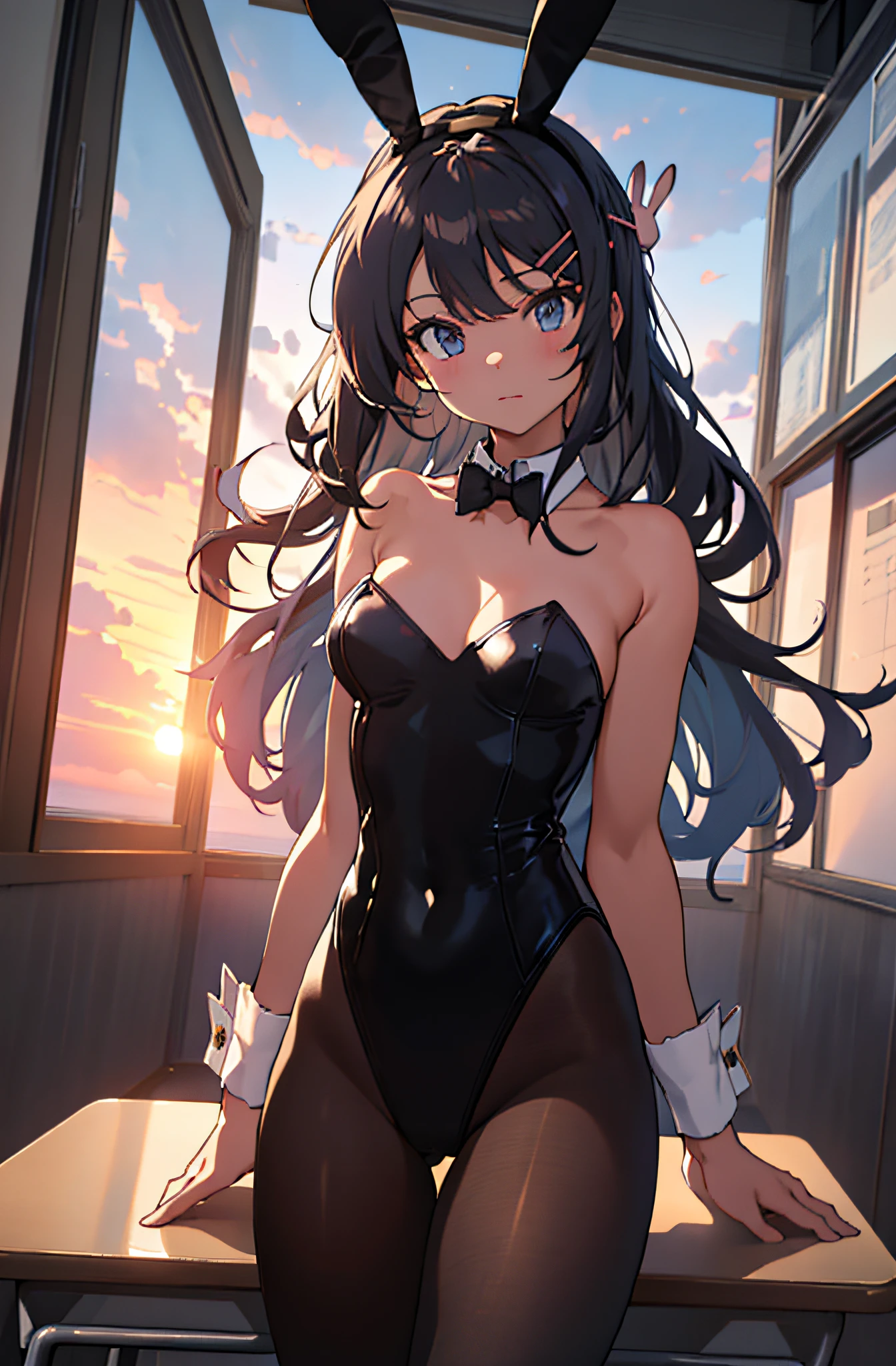 (masterpiece,best quality, detailed), indoors, classroom, contrapposto, 1girl, solo, looking at viewer, cowboy shot, sunset, dutch angle, dramatic lighting, window, cloudy sky,
sakurajima mai, rabbit ears, detached collar, wrist cuffs, black leotard, rabbit tail, hairclip, black pantyhose, black bowtie, black hairband, rabbit hair ornament