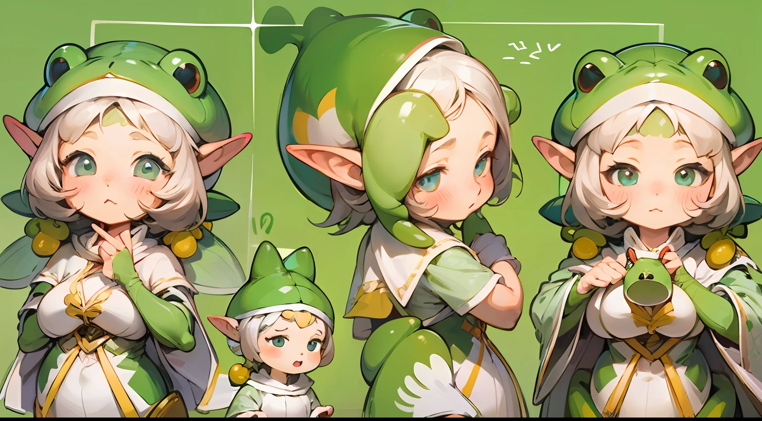 Cute elf character drawn in realistic hand drawn style、I like frogs、私はカエルの可愛い❤帽子をかぶっています