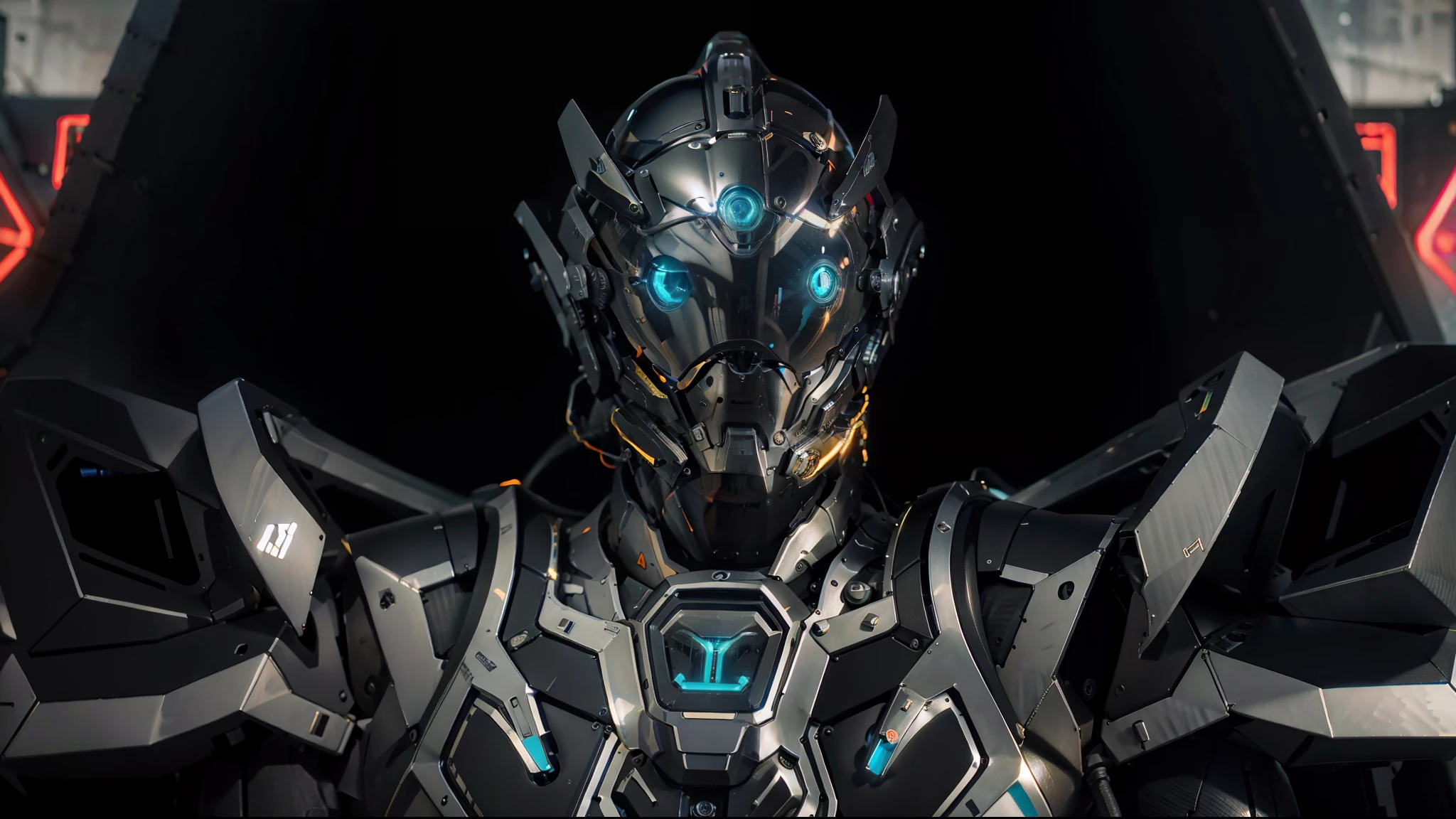 Realiy,photorealestic,Machinary,mechs,Technologie,musculous,glowing light eyes,Burly body,style of photography,Real scenery(Metallic texture 1.8)(Excess detail 2)(High resolution1.6)(4K clarity1.9)(Carbon fiber 1.5)(Metal reflection 1.5),Neon lights,obi strip(1:1),The lower half of a woman's face
