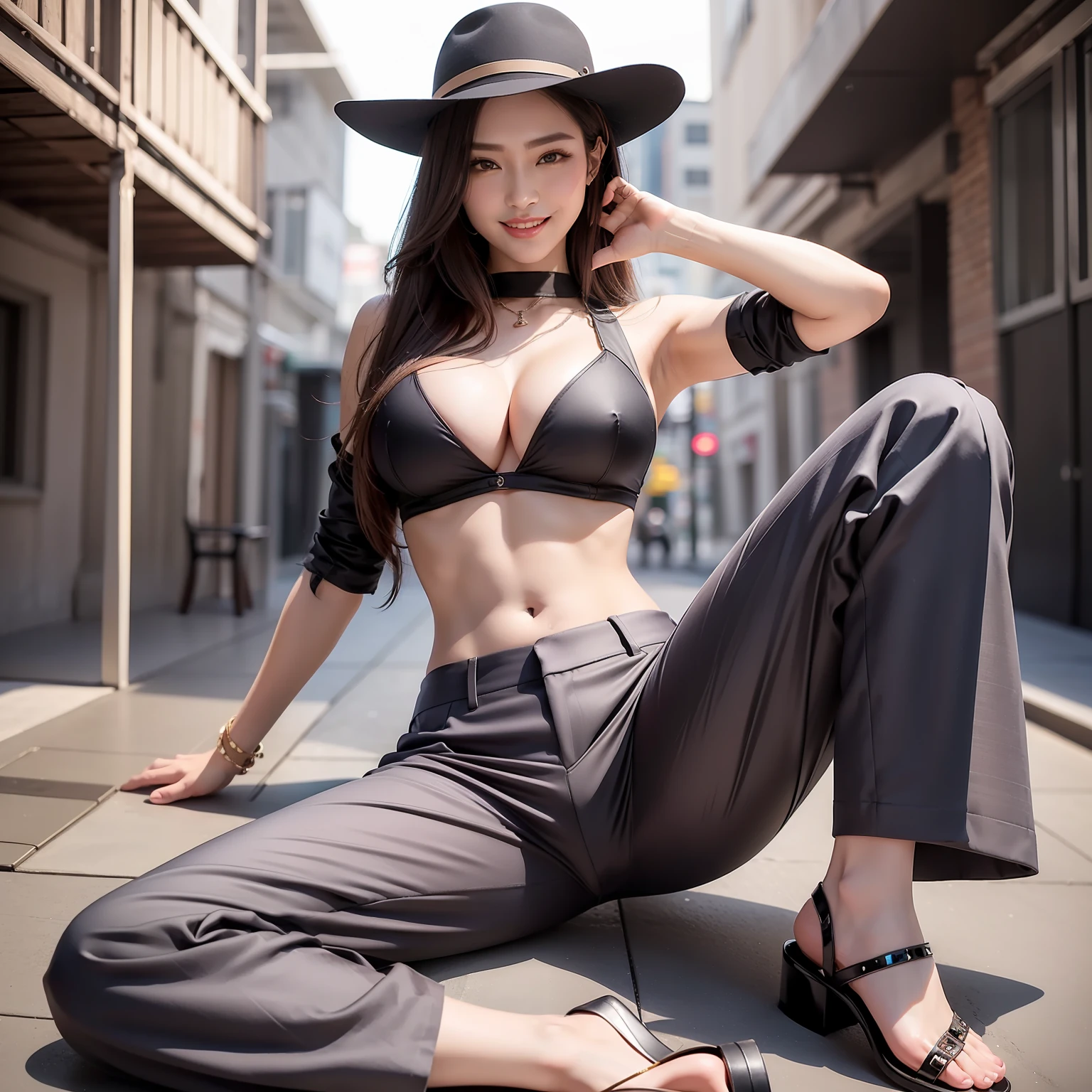Top image quality、hight resolution、A detailed face、Beautiful Women in Perfect Style、affectionate smile、formal pants、Flared pants、Gaucho Pants、Wide pants、big breasts thin waist、abdominals、sexy buttocks、slim legs