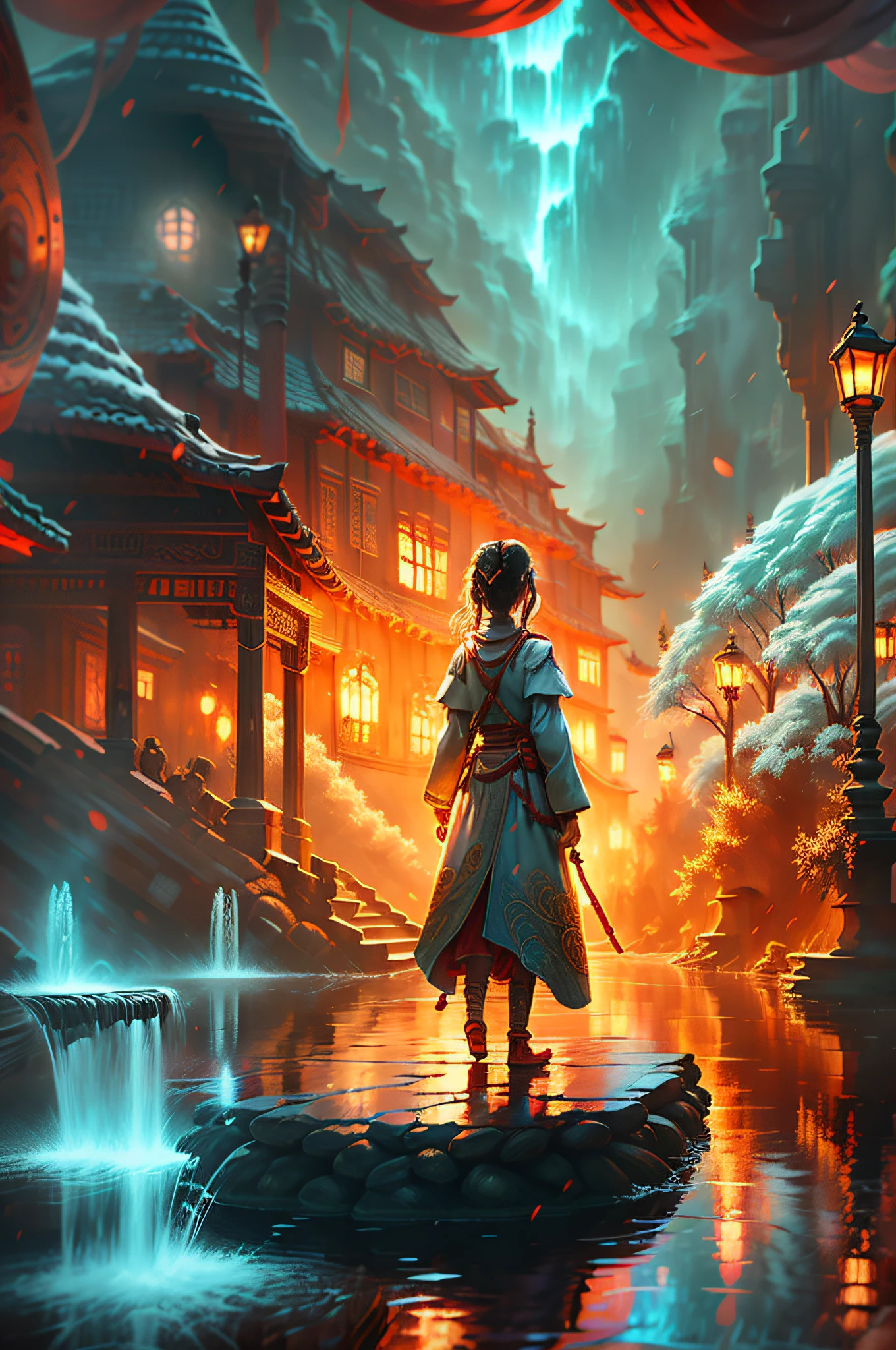 ancient wind，Red coat，Holding a red oil-paper umbrella，Walk on the path made of cyan stone，The girl turned her back and looked back，Next to the small river，There is a stone bridge over the river，There is a willow tree by the river，Willow branches flow into the river，Need，tmasterpiece