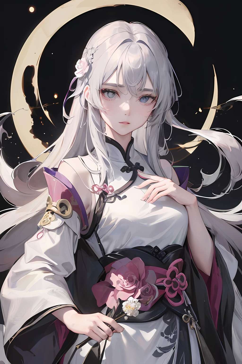 Masterpiece, Best quality, Night, full moon, 1 girl, Mature woman, Chinese style, Ancient China, sister, Royal Sister, Cold expression, Expressionless face, Silver white long haired woman, Light pink lips, calm, Intellectual, tribelt, Gray pupils, assassins, short knife, flower ball background, Stroll through the street view