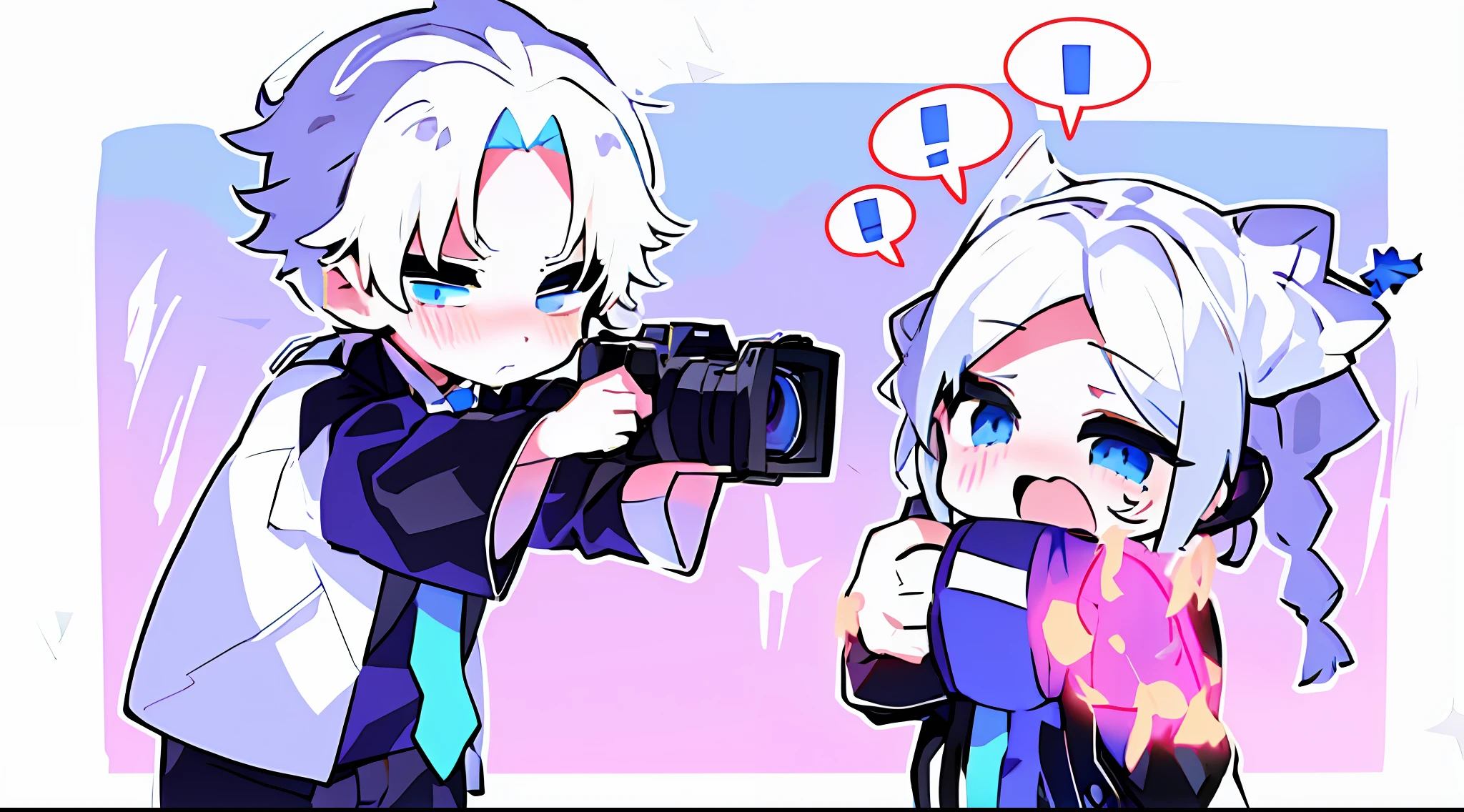 anime boy and girl taking a picture of themselves with camera, anime style mixed with fujifilm, high quality fanart, ig studios anime style, cute art style, 🍁 cute, 1 3 5 mm!!, taking a picture, 4k post, 4 k post, by Yanagawa Nobusada, photography], photoillustration, dslr +, illustrative!!, by Kamagurka, (1boy, solo, male focus, white hair, necktie, spiked hair, long hair, blue eyes, collared shirt)